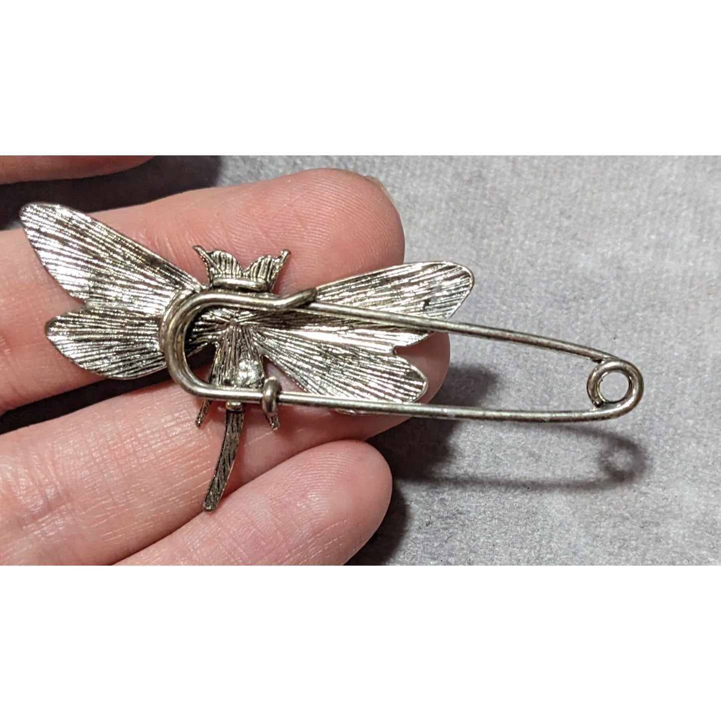 Silver Tone Dragonfly Safety Pin Brooch