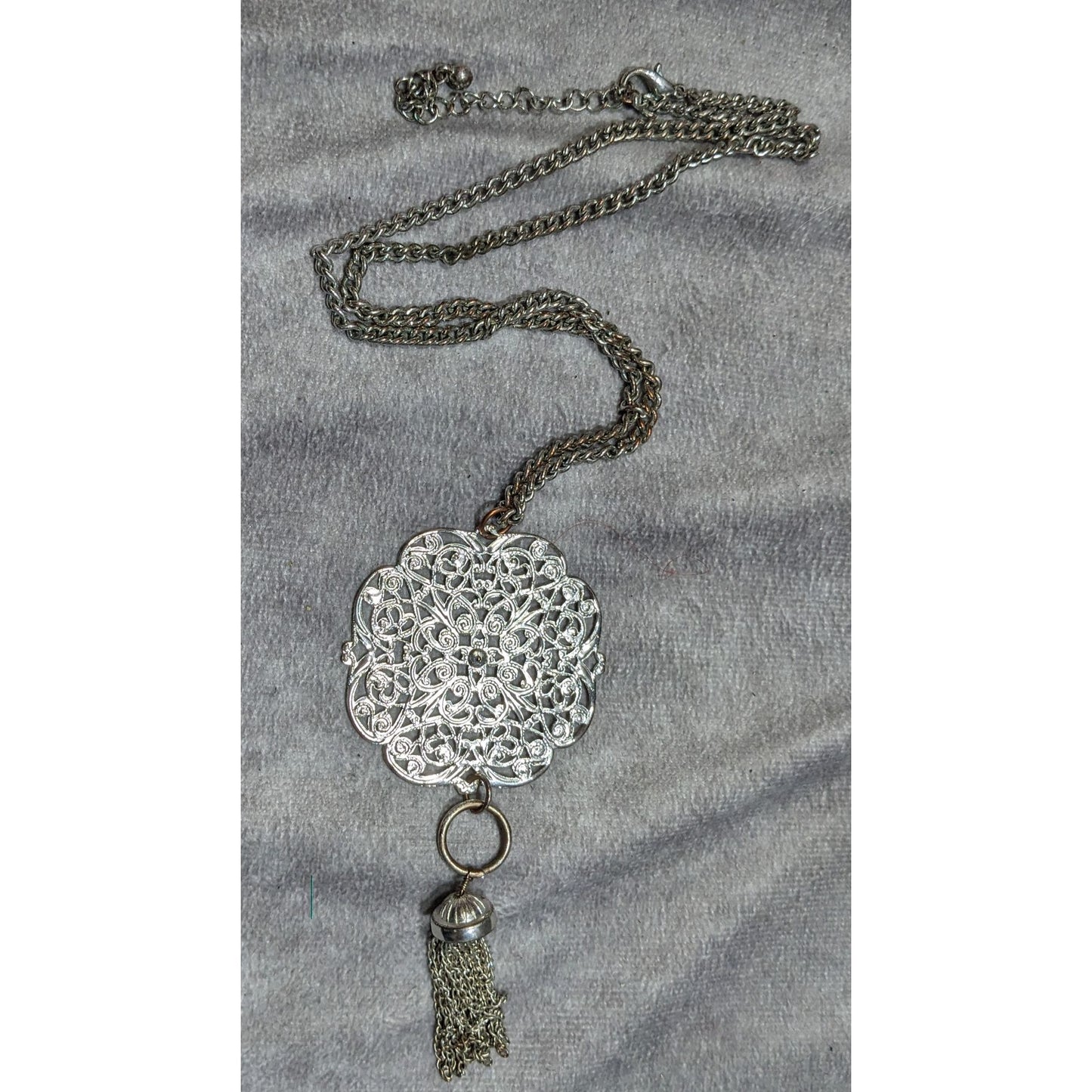 Filigree Silver-Tone Pendant Necklace With Chain And Tassel Accent