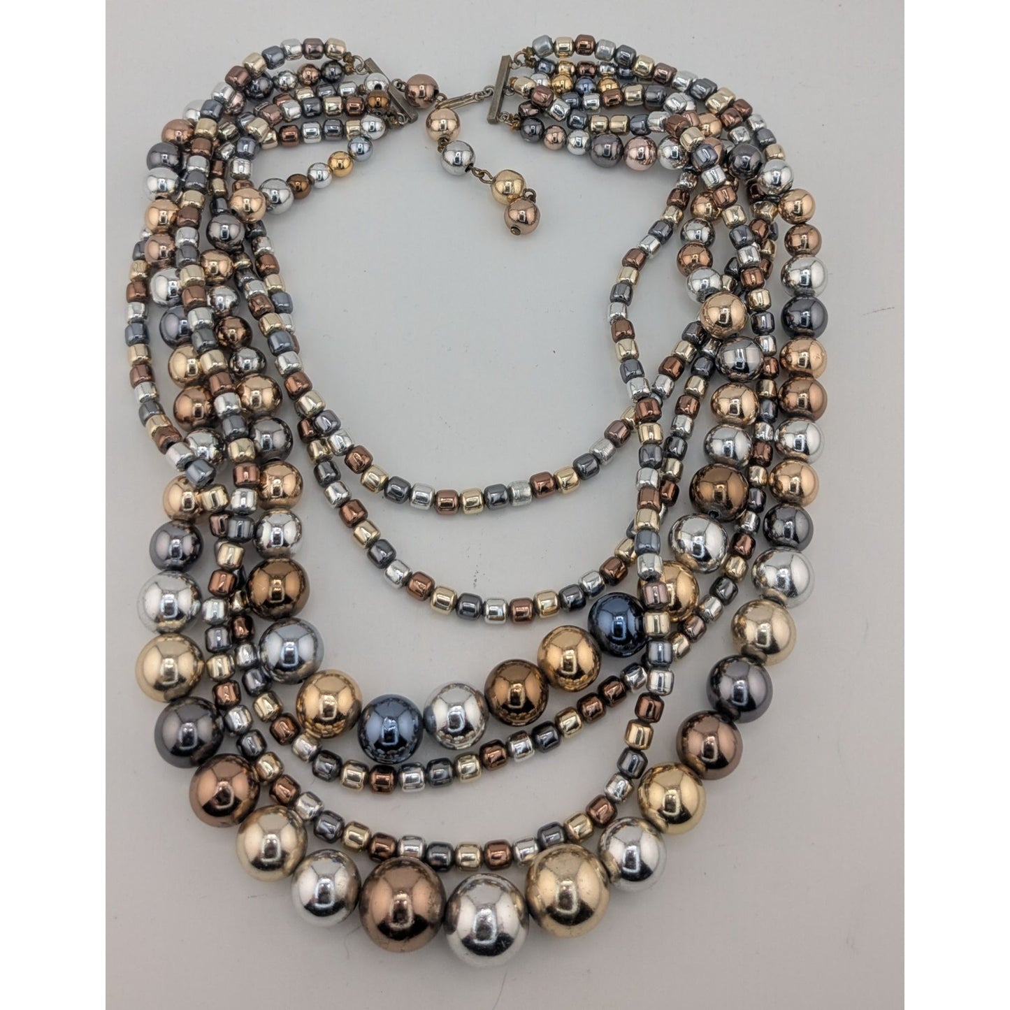 Vintage Glam Multi-Strand Metallic Beaded Necklace With Hook Clasp