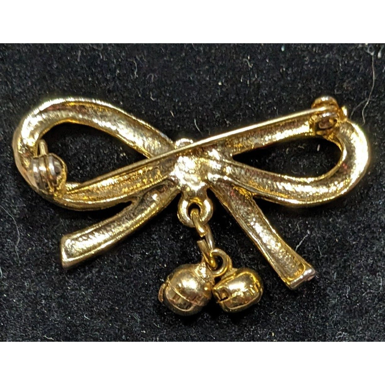 Vintage Holiday Bow Brooch Red Enamel On Gold Tone Metal With Bell Accents