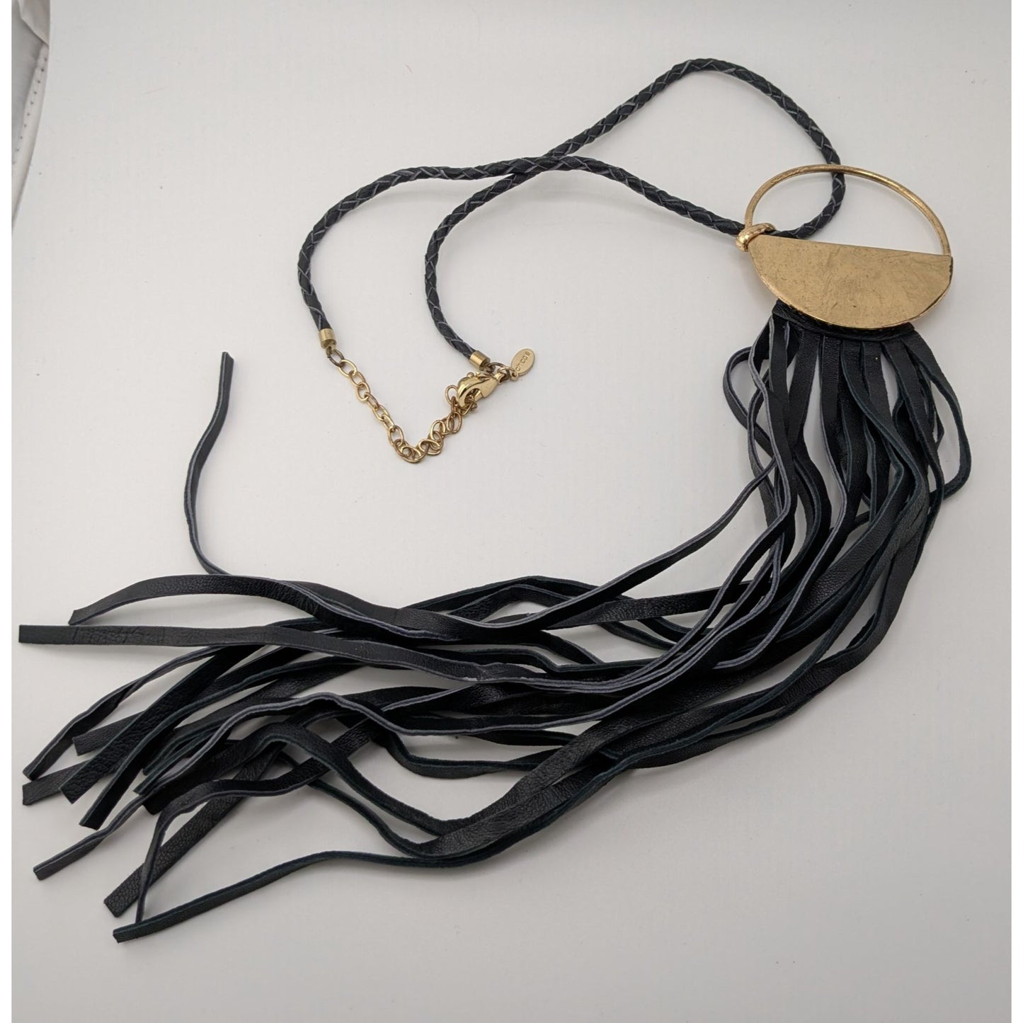 Vintage Chicos Southwestern Black Leather Fringe Gold Tone Pendant Necklace