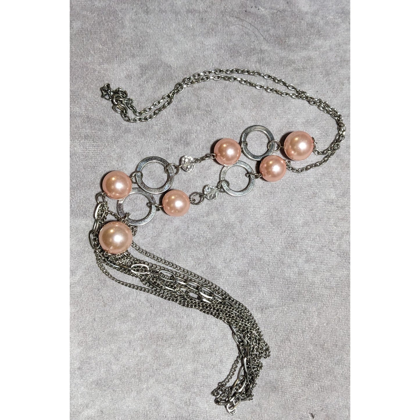 Long Silver & Pink Pearl Chain Necklace