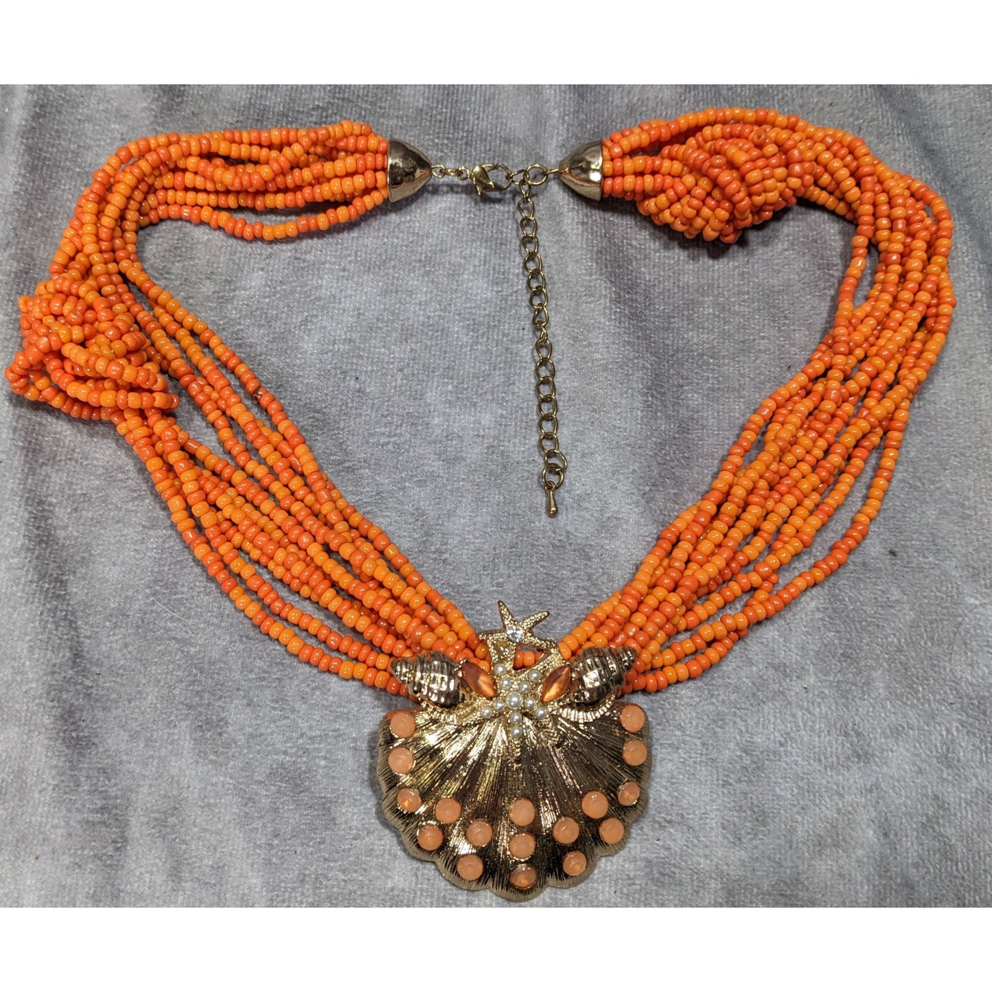 Mermaidcore Glam Orange Beaded Shell Pendant Necklace With Starfish & Pearl Accents