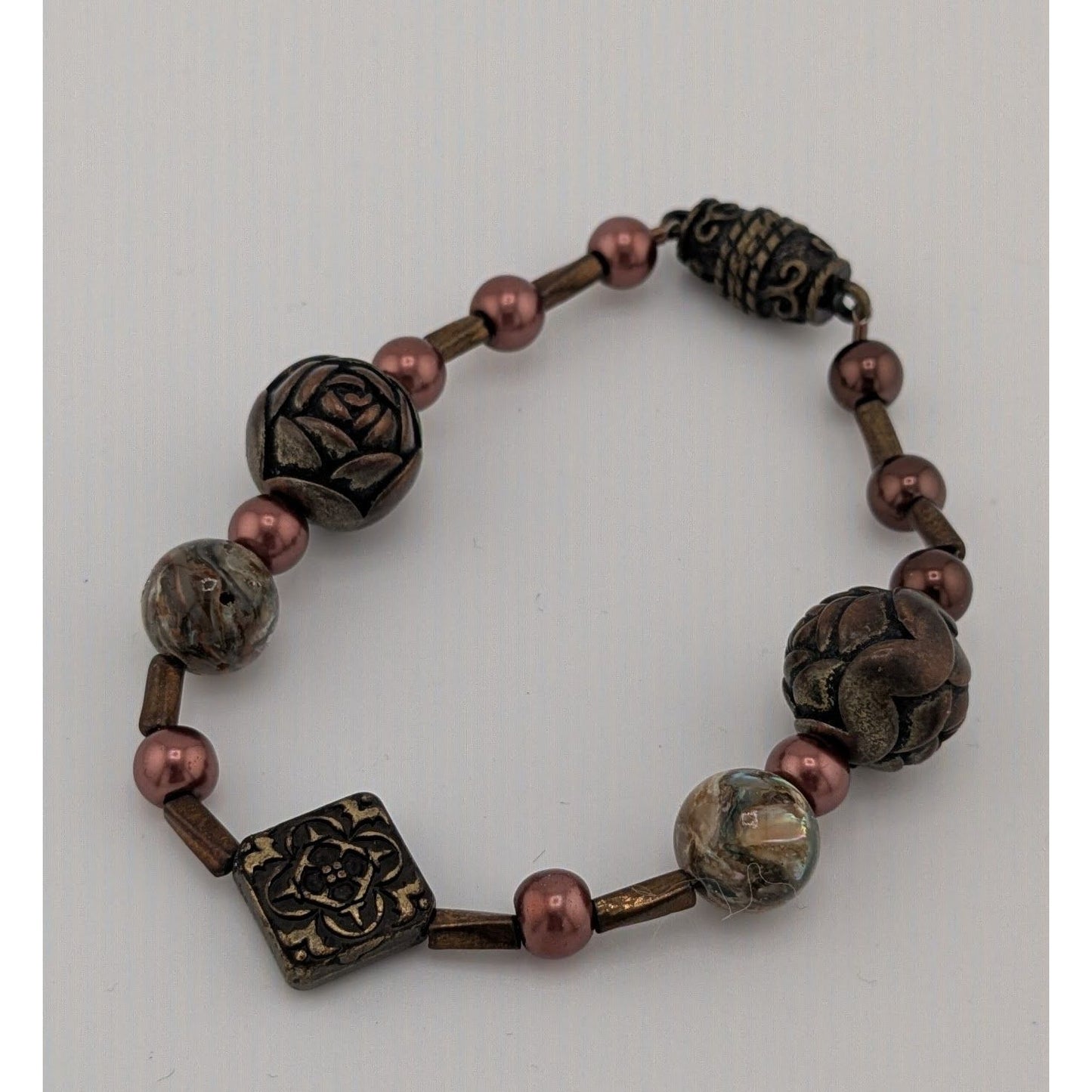 Rustic Handmade Beaded Faux Pearl Metal And Stone Bracelet