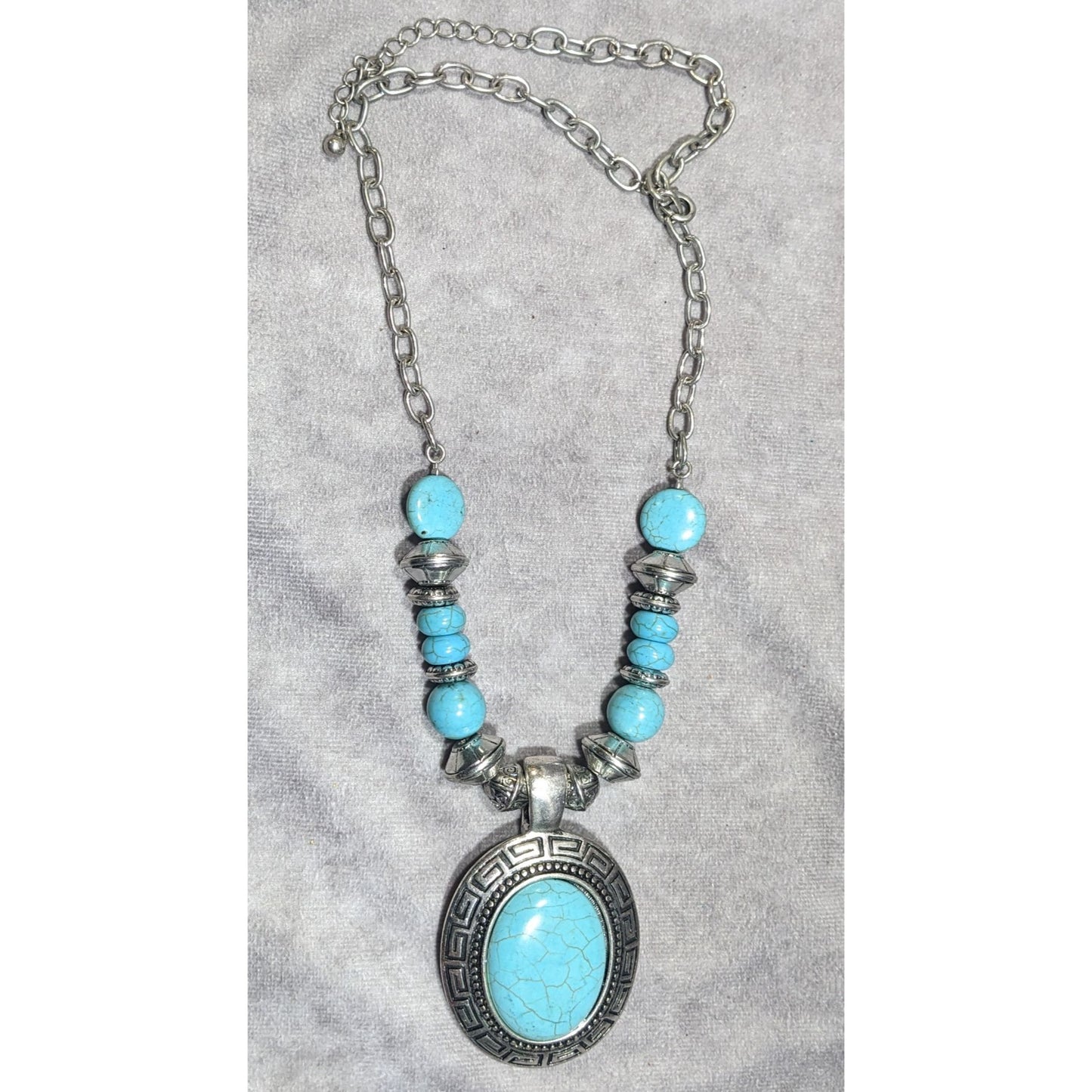 Bohemian Faux Turquoise Silver Tone Medallion Necklace
