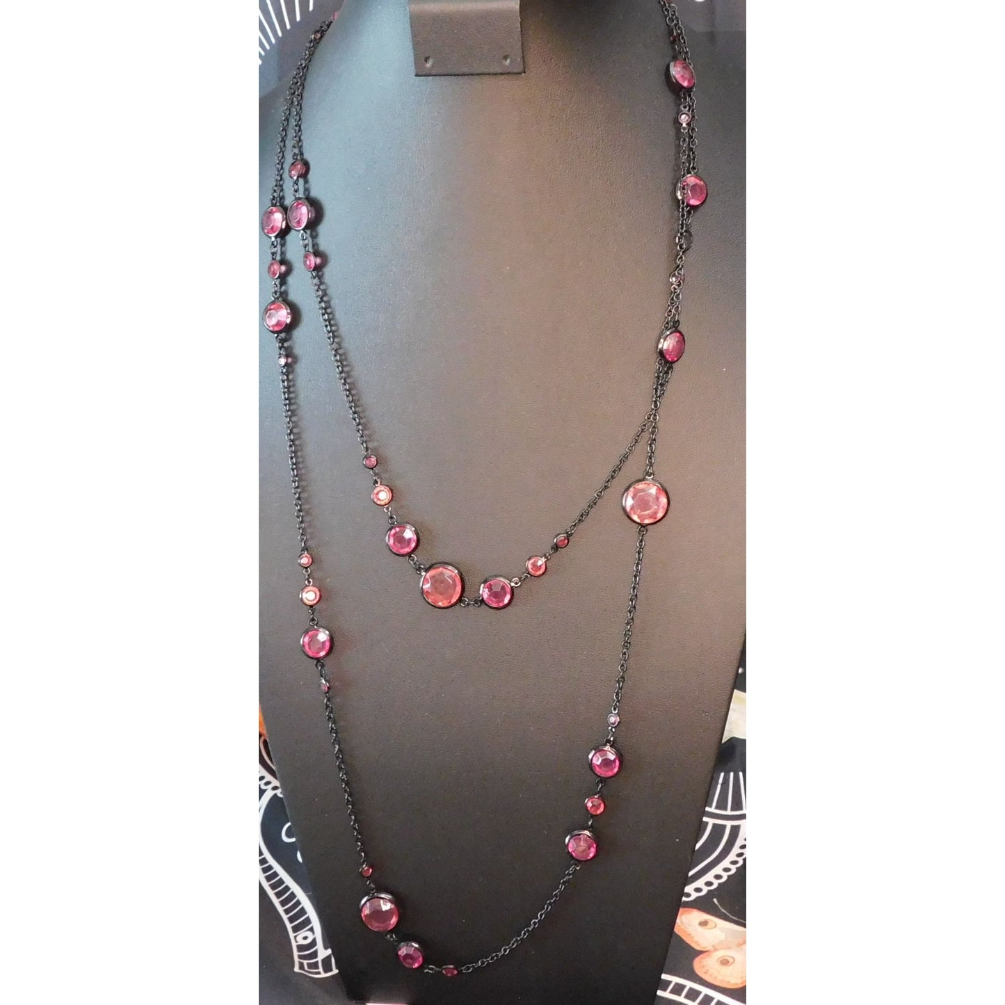 Gothic Gemmed Opera Necklace With Pink Gem Stations