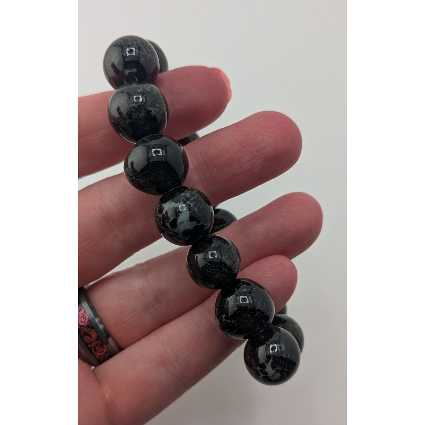 Goth Black Ceramic Beaded Bracelet Speckled Round Beads Stretch Statement Jewelry
