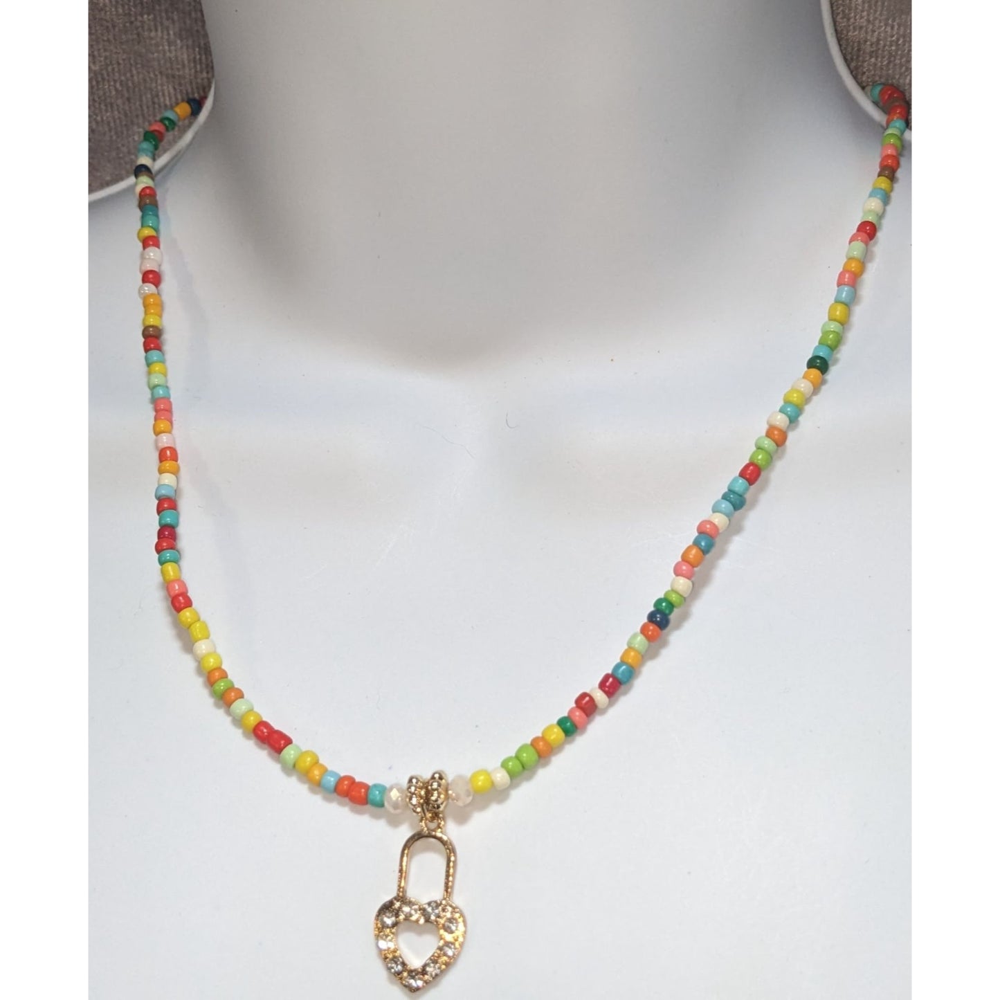 Coquette Kidcore Y2K Handmade Rainbow Seed Bead Necklace Rhinestone Heart Lock Charm
