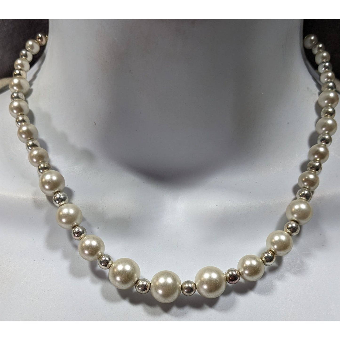Vintage KR Marked Faux Pearl And Silver Tone Beaded Necklace
