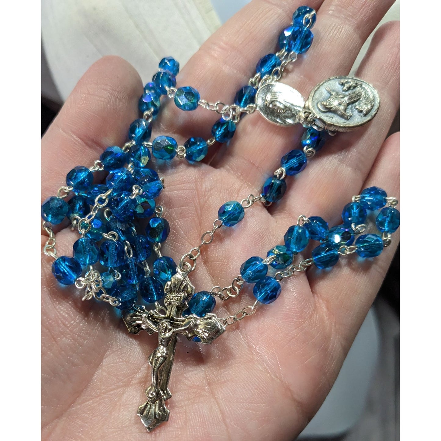 Catholic Blue Crystal Glass Beaded Rosary With Silver Crucifix & Virgin Mary Medals