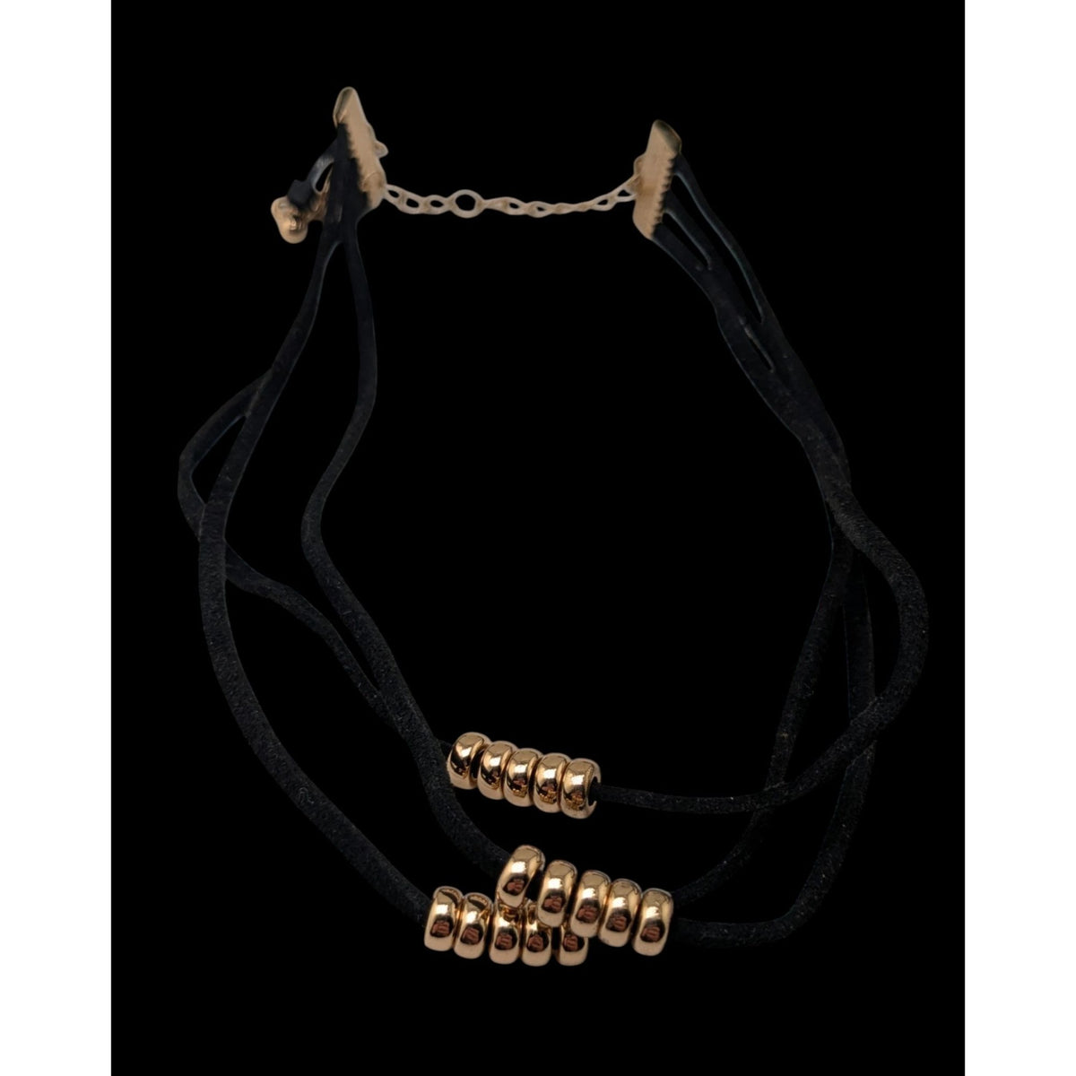 Gothic Glam Black Faux Suede Gold Tone Beaded Triple Strand Choker Necklace