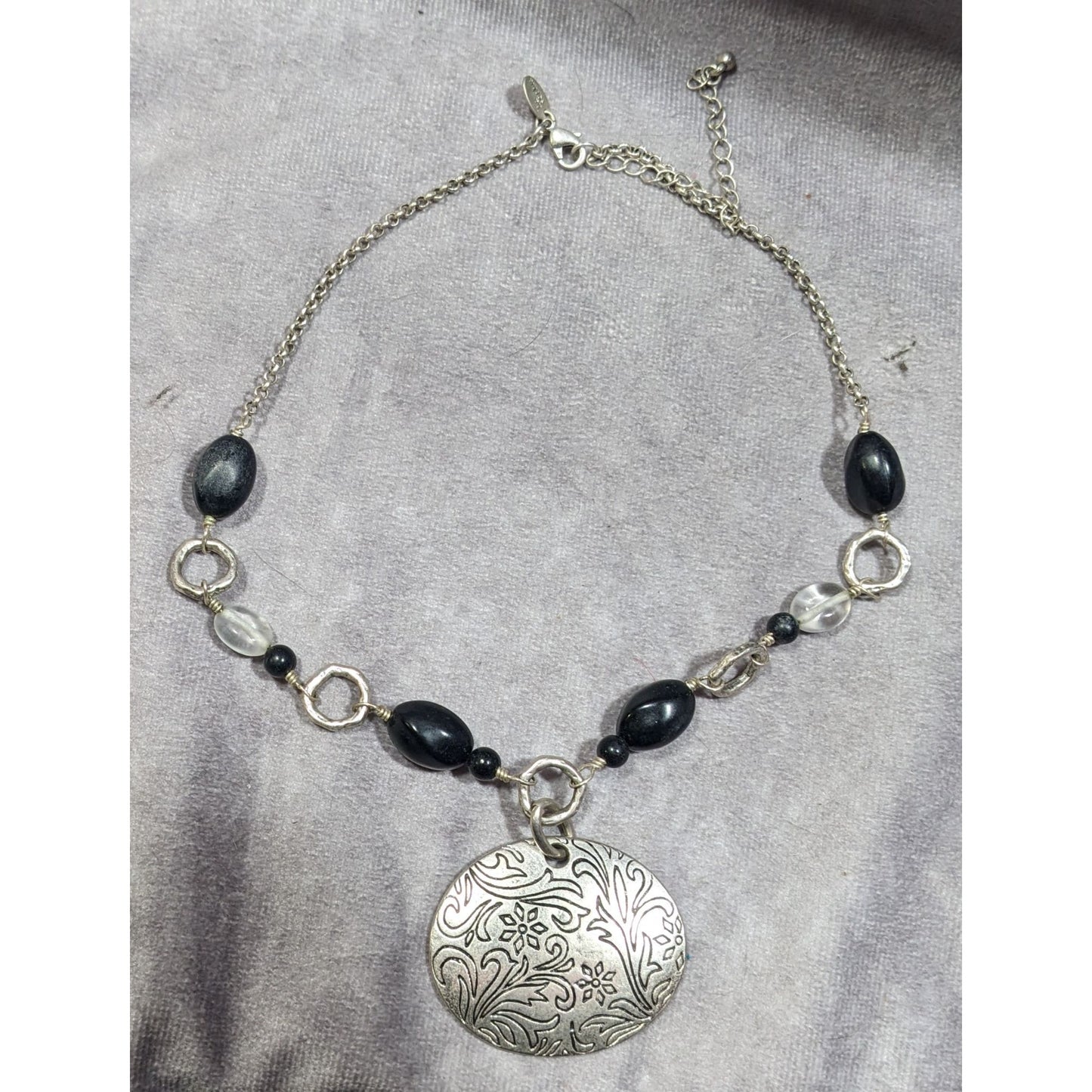 Lia Sophia Black And Silver Tone Beaded Floral Pendant Necklace