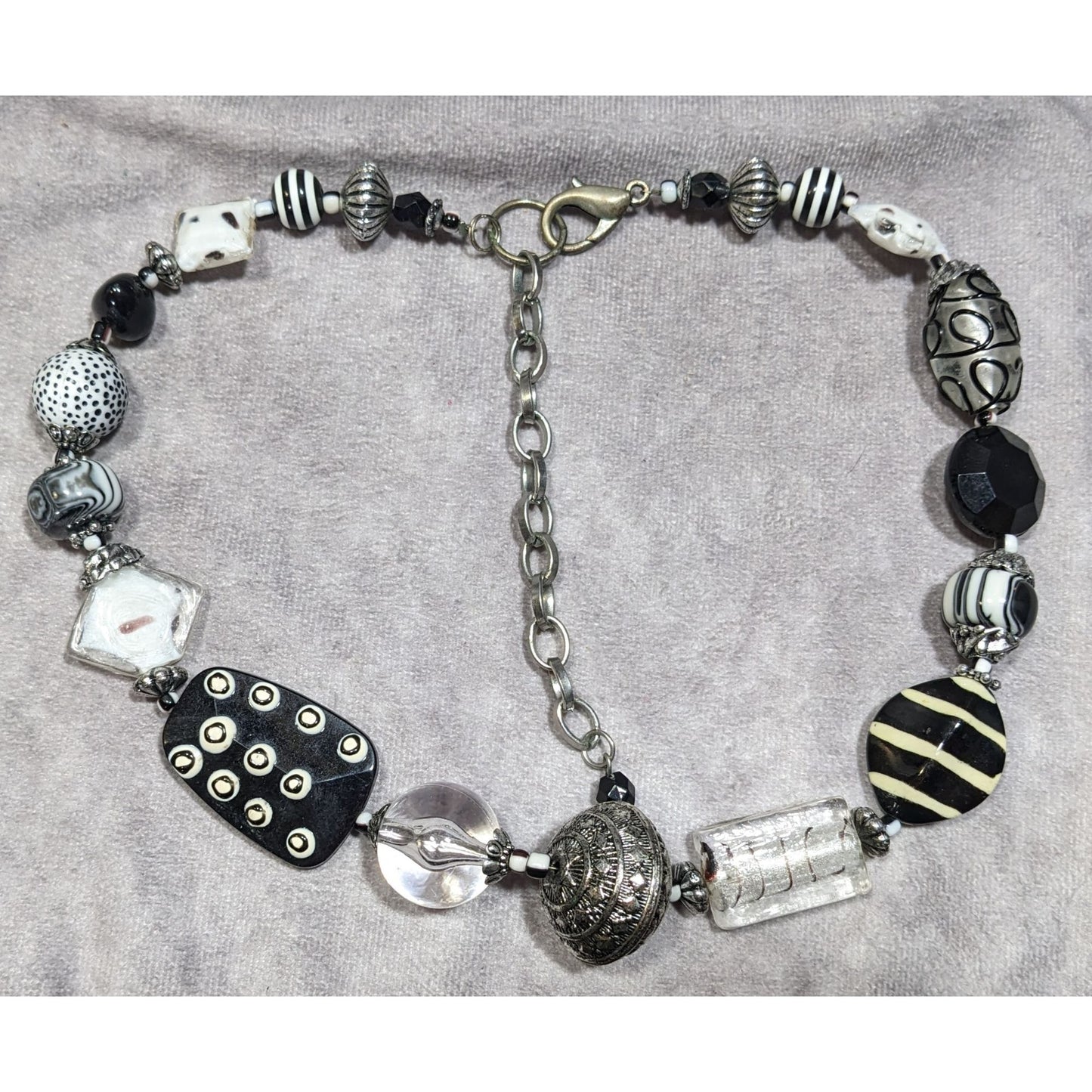Handmade Chunky Abstract Black And White Glass Beaded Necklace