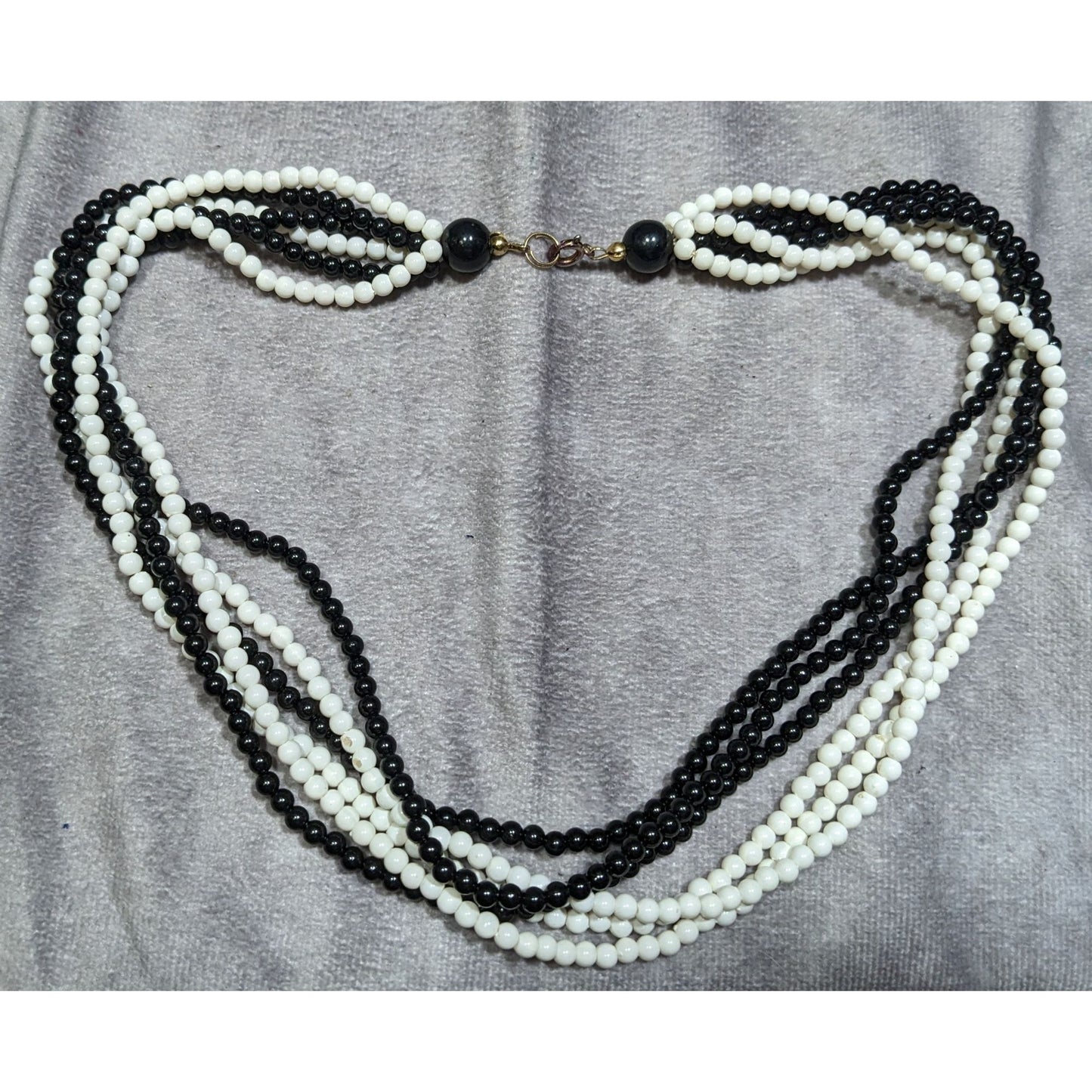Vintage Black And White Multi-Strand Beaded Necklace With Gold-Tone Clasp