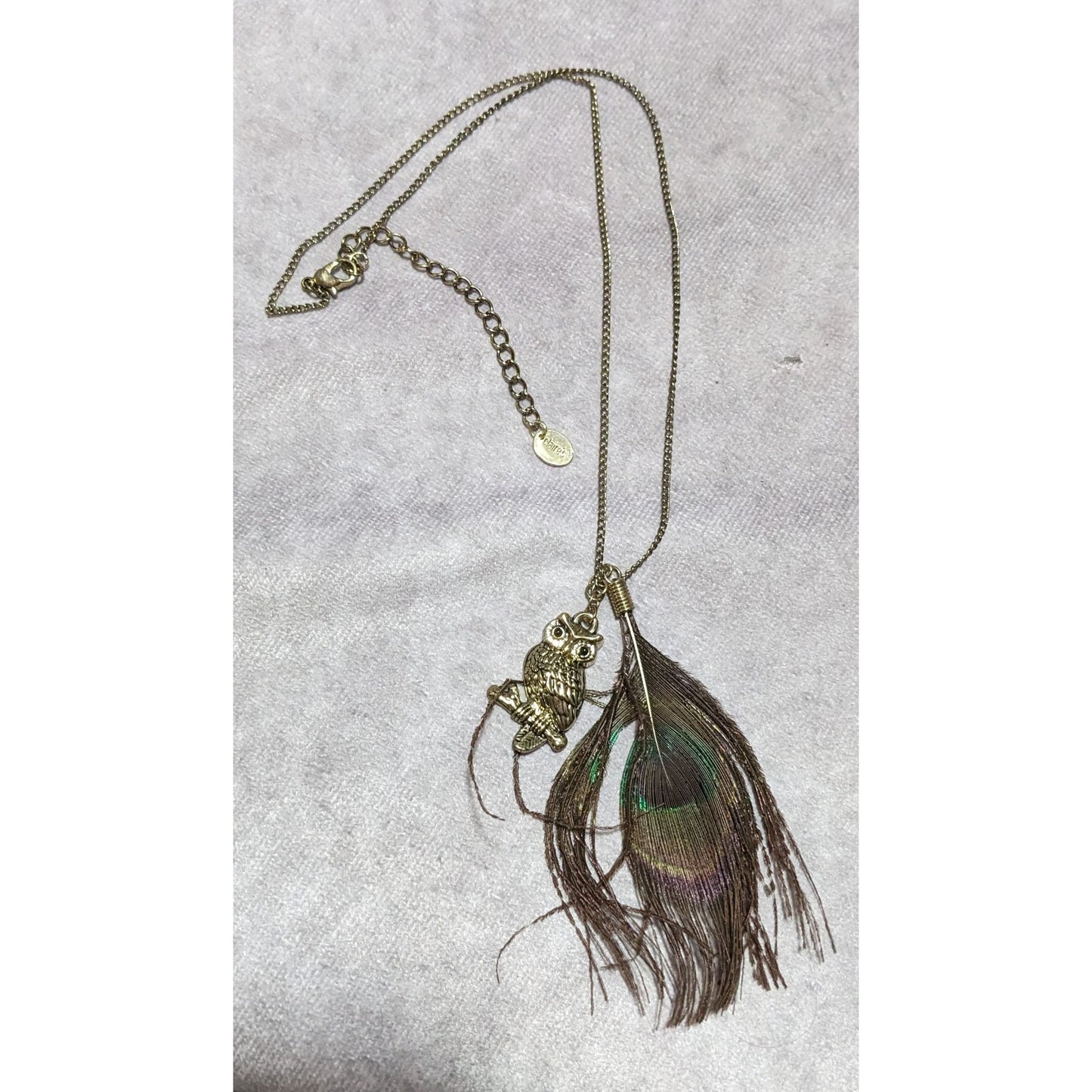 Peacock Feather Owl Charm Necklace