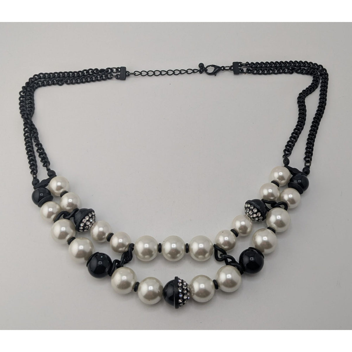 Glam Goth Black & Pearl Rhinestone Multi Strand Statement Necklace Chunky Y2K Style