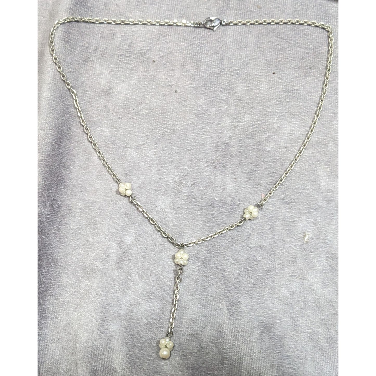 Dainty Seed Pearl Silver Tone Chain Y Drop Necklace