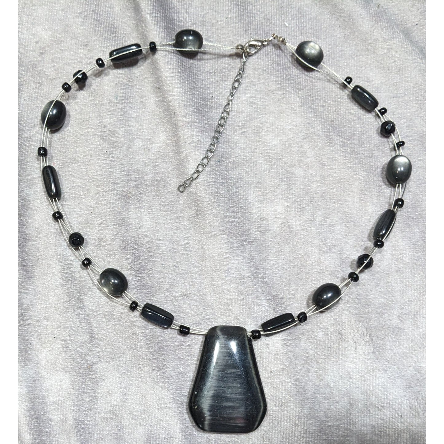Gothic Black Cateye Glass Beaded Necklace With Geometric Pendant & Adjustable Chain