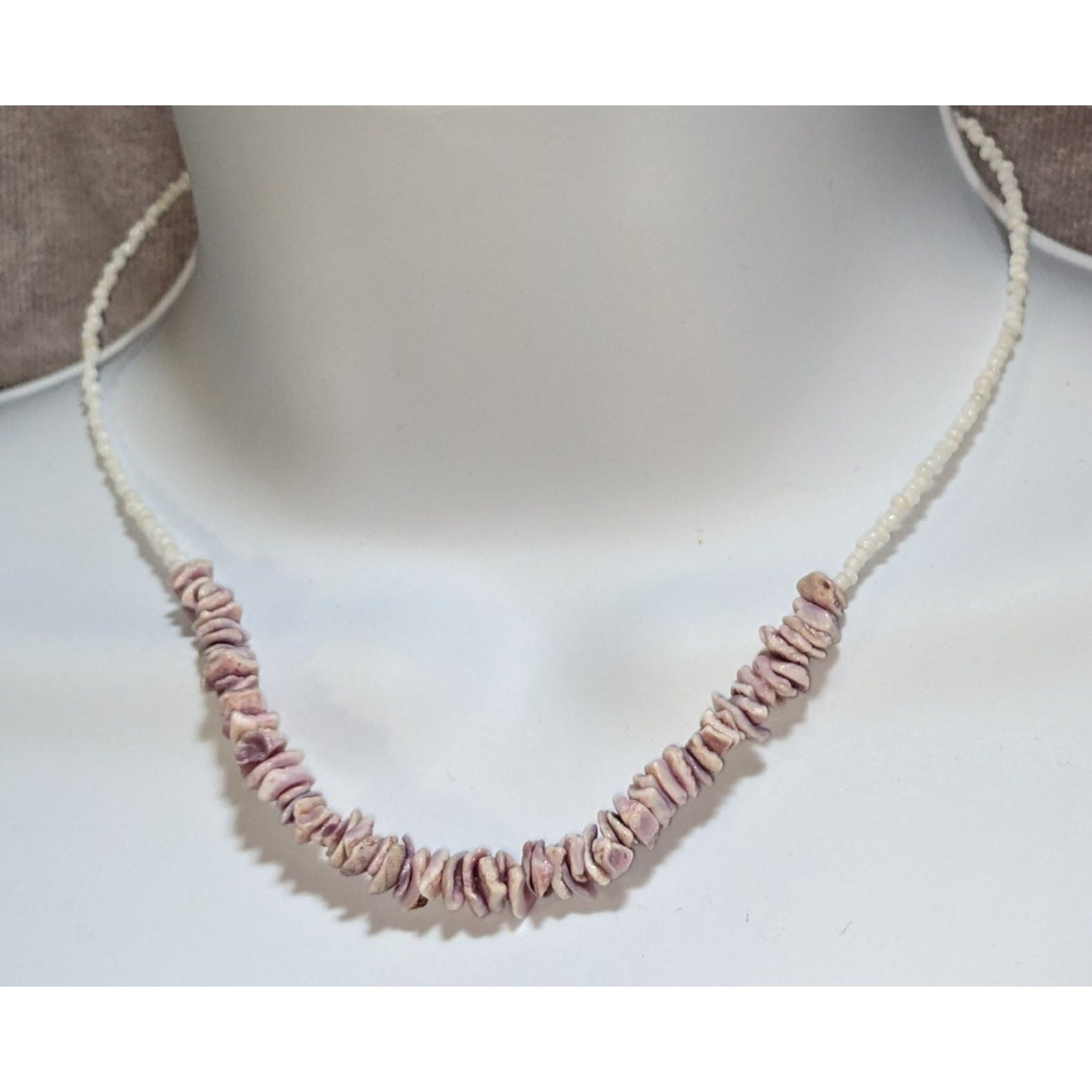 Vintage Purple Shell Beaded Necklace White Seed Bead Choker Beach Boho Coastal Jewelry