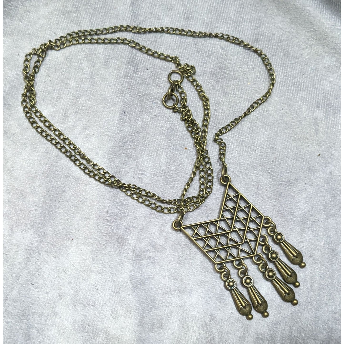 Bohemian Geometric Antiqued Gold Tone Fringe Pendant Necklace
