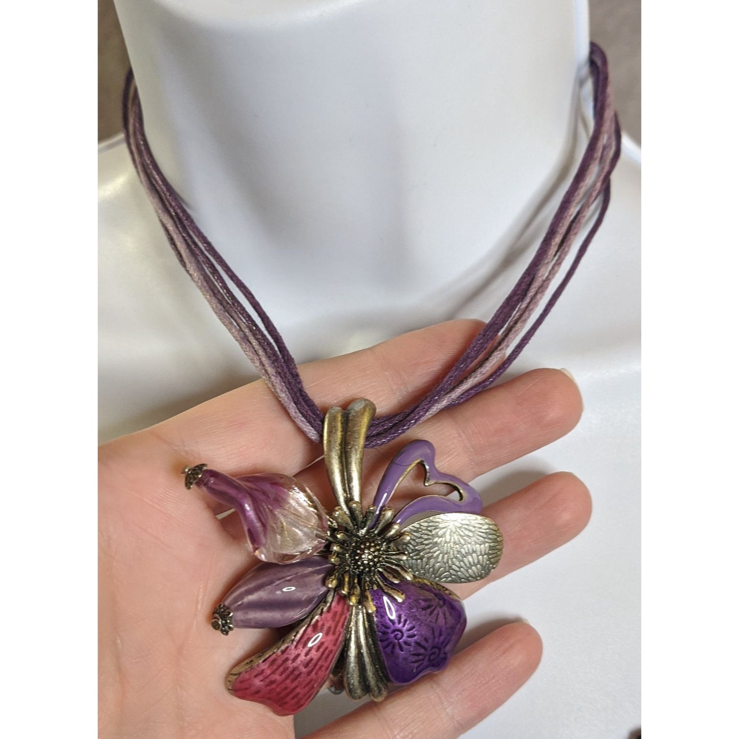 Fairycore Floral Multi-Layer Purple Cord Necklace With Enamel Flower Pendant