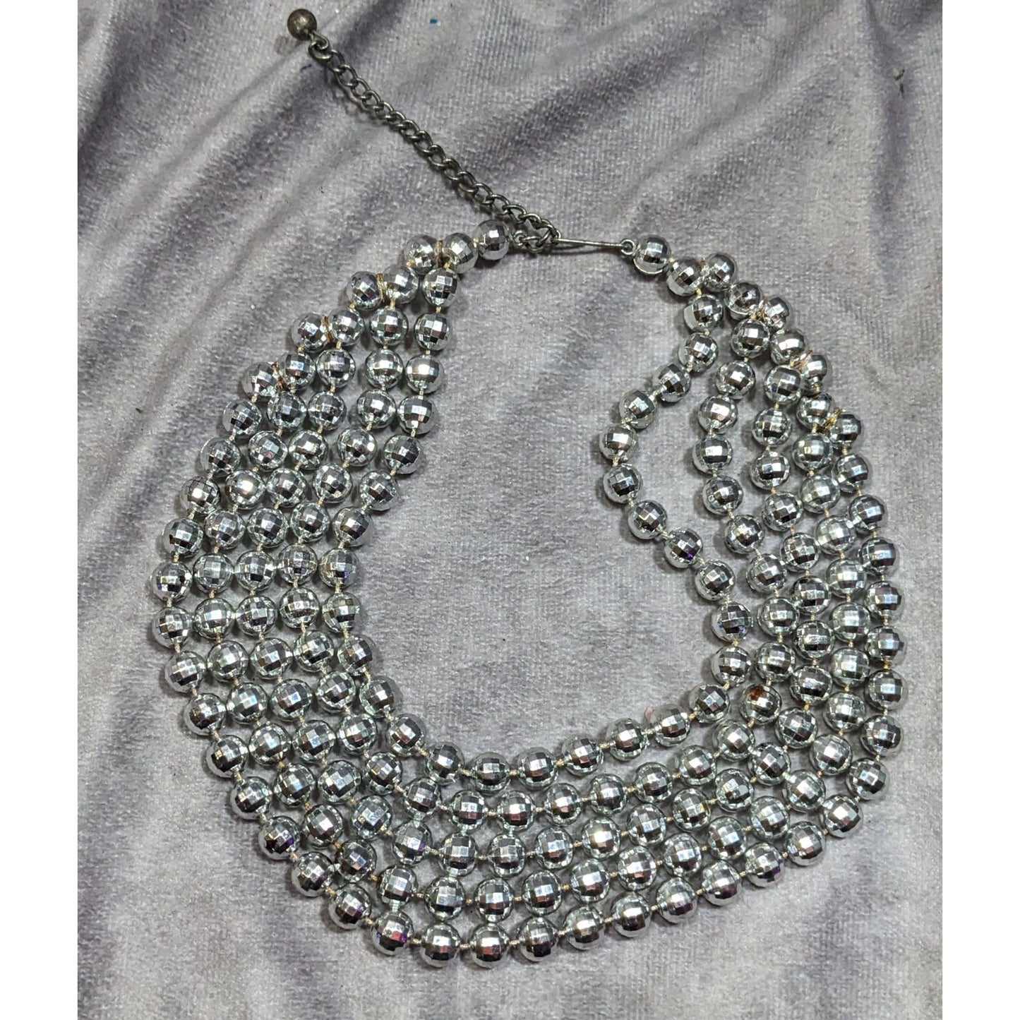 Elegant Layered Disco Ball Silver Tone Plastic Beaded Necklace