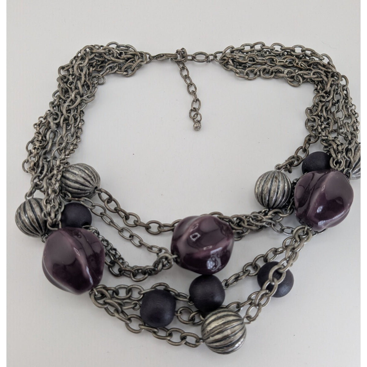 Whimsigoth Layered Metal Ceramic Purple Silver Tone Necklace 16 Inch