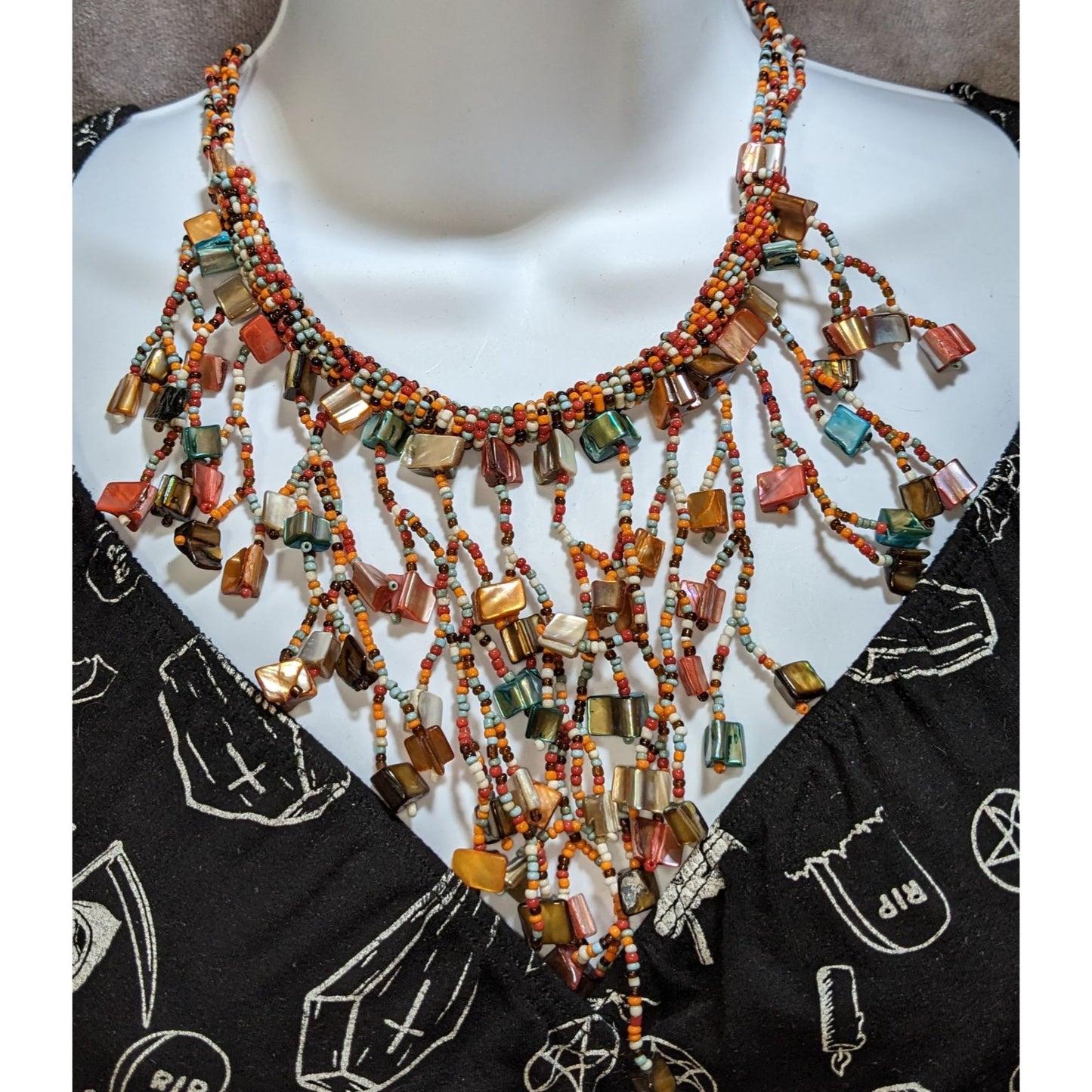 Vintage Rainbow Glass Shell Beaded Fringe Necklace Boho Hippie Festival Beach
