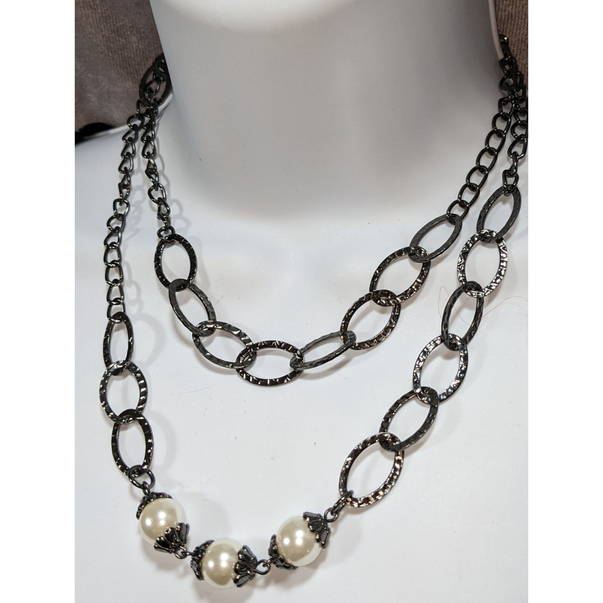 Glam Goth Chunky Gunmetal Cream Faux Pearl Double Strand Necklace 15 Inch