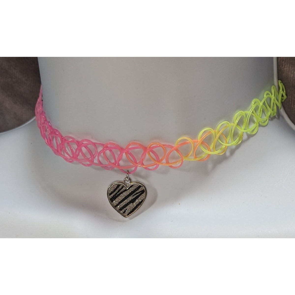 90s Y2K Neon Rainbow Tattoo Choker Zebra Heart Charm Stretch Necklace