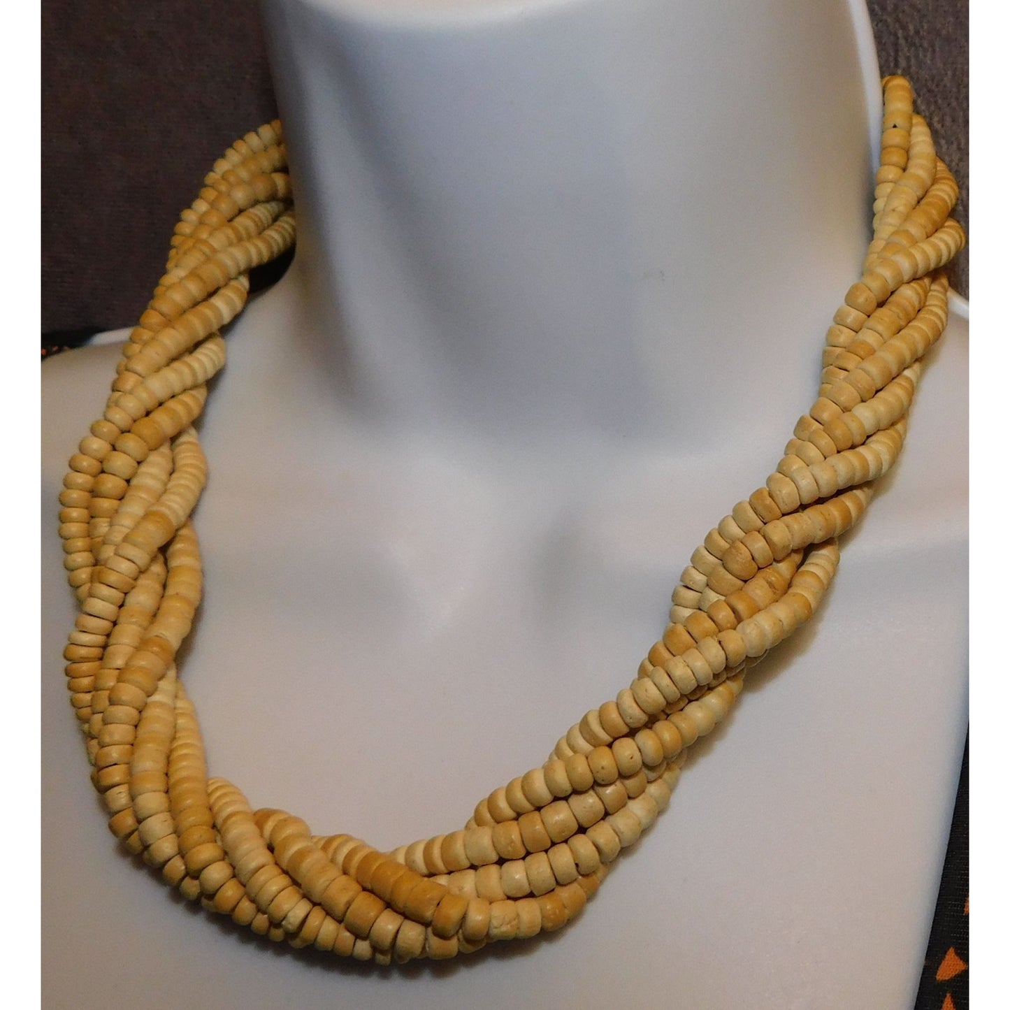 Beachy Beige Wooden Beaded Torsade Necklace