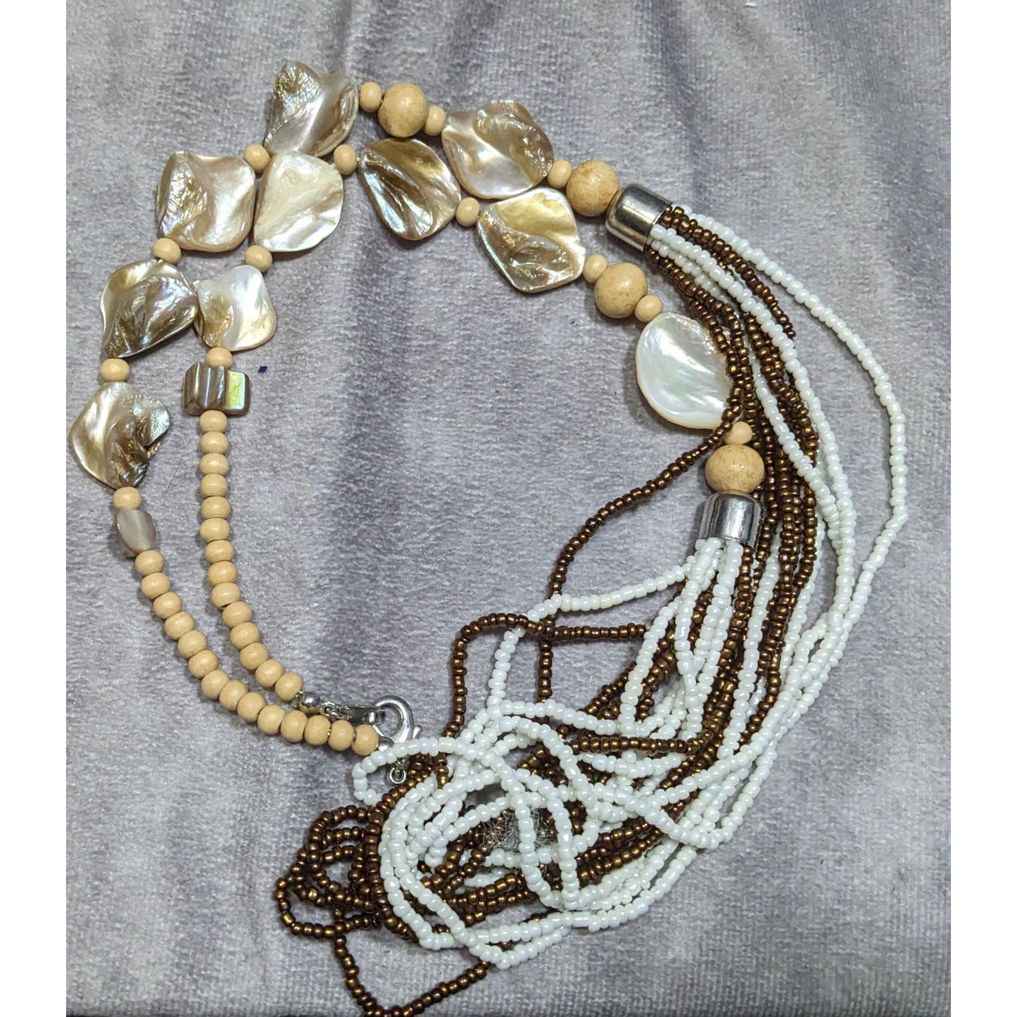 Vintage Bohemian Shell Glass And Wood Beaded Necklace