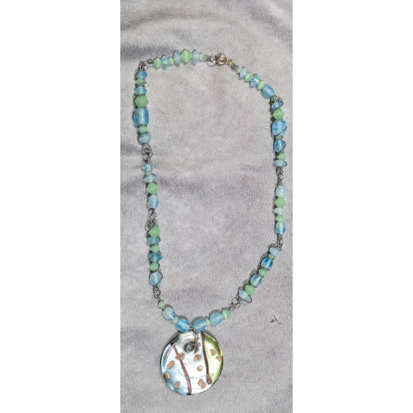Handmade Whimsical Wire Wrapped Blue And Green Glass Pendant Necklace
