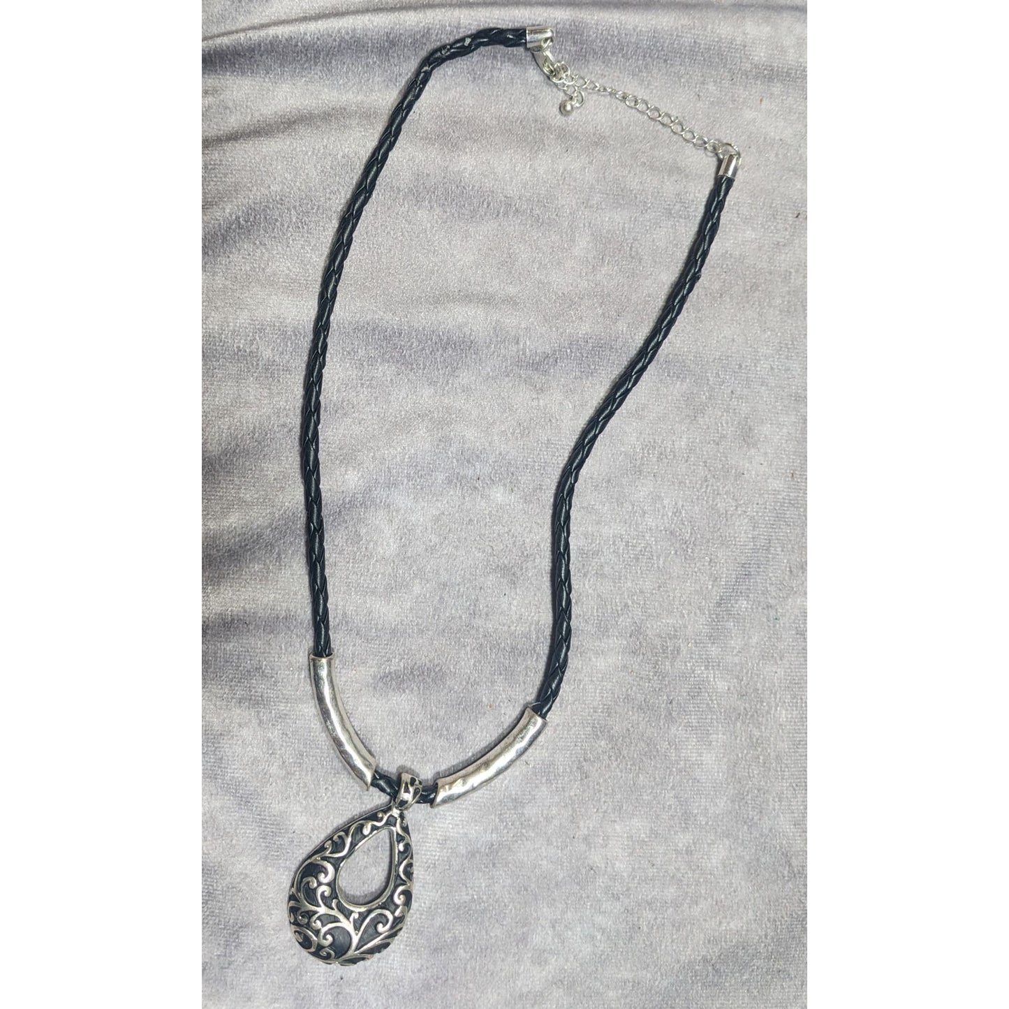 Victorian Gothic Floral Scroll Teardrop Black And Silver Tone Pendant Necklace