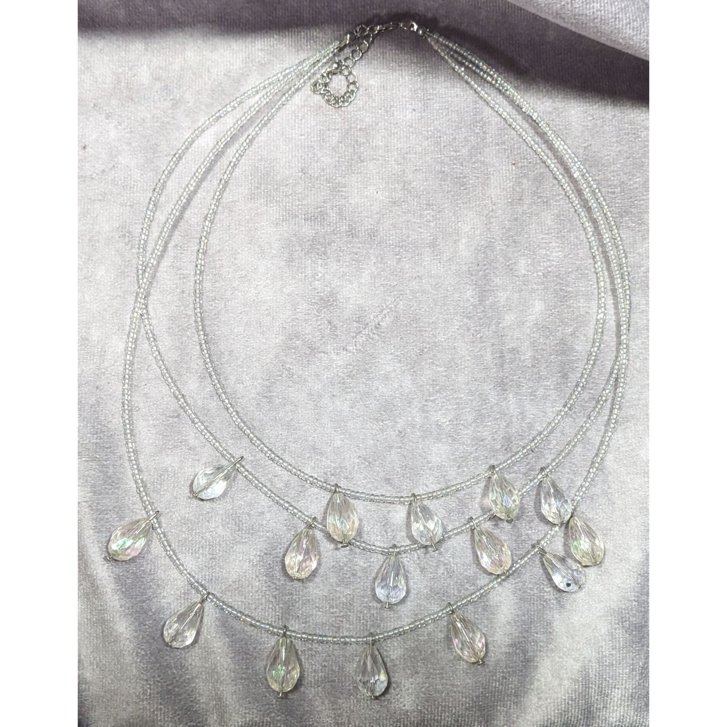 Whimsical Elegant Clear Aurora Borealis Beaded Teardrop Multilayer Necklace