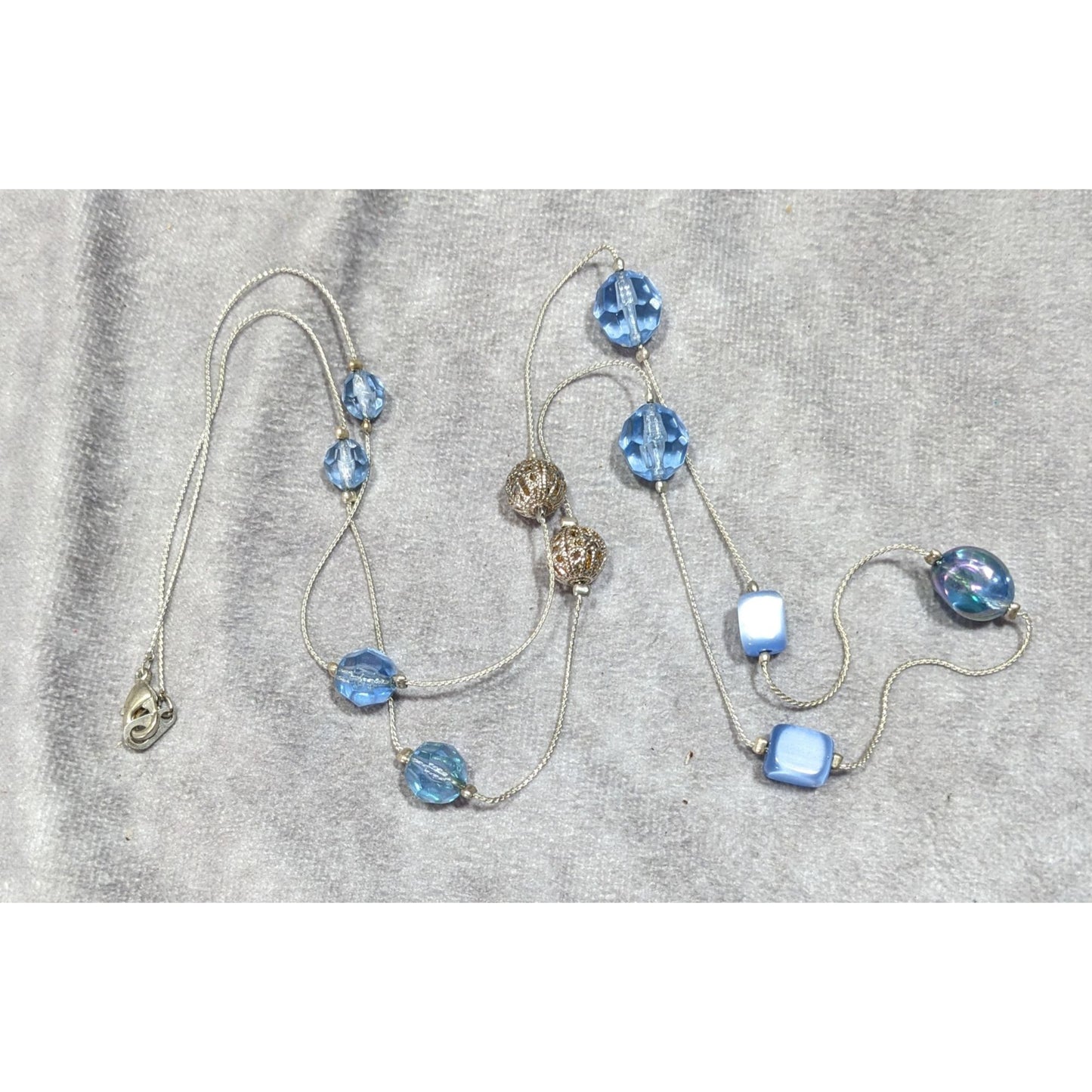 Casual Blue And Silver Tone Beaded Station Necklace