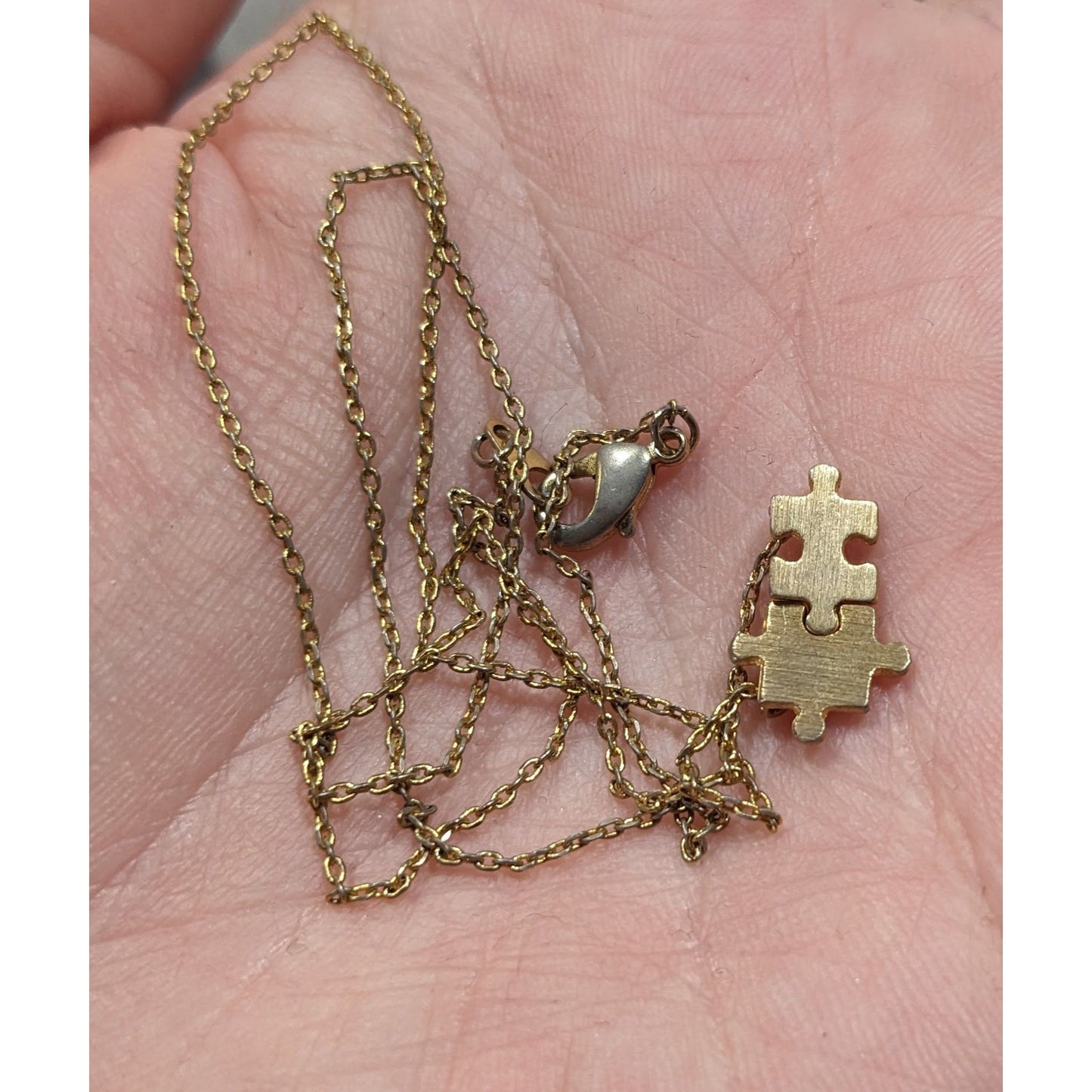 Minimalist Dainty Puzzle Piece Pendant Necklace Gold Tone With Two Interlocked Pieces