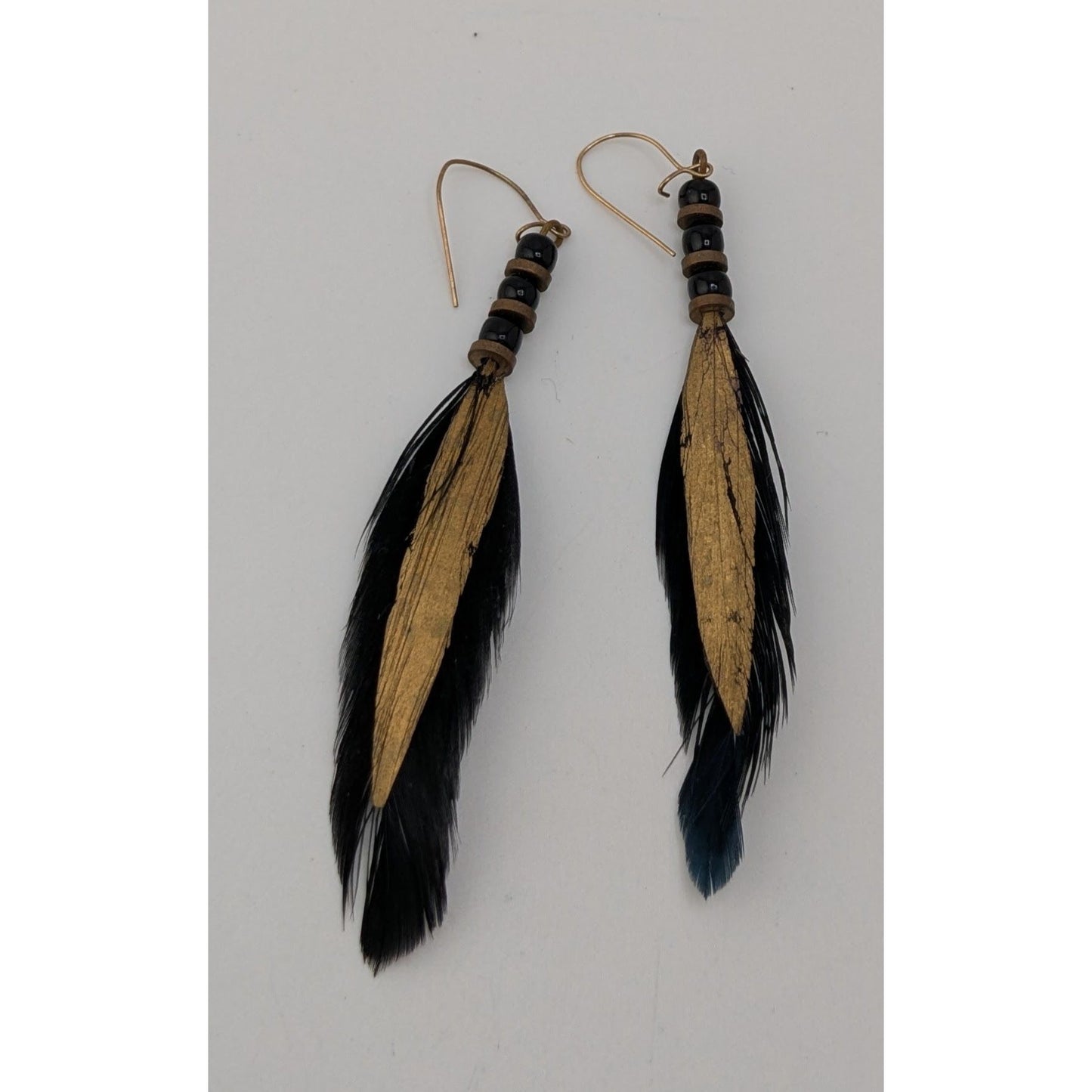 Vintage Real Feather Earrings Black Gold Hand Painted Boho Festival Western