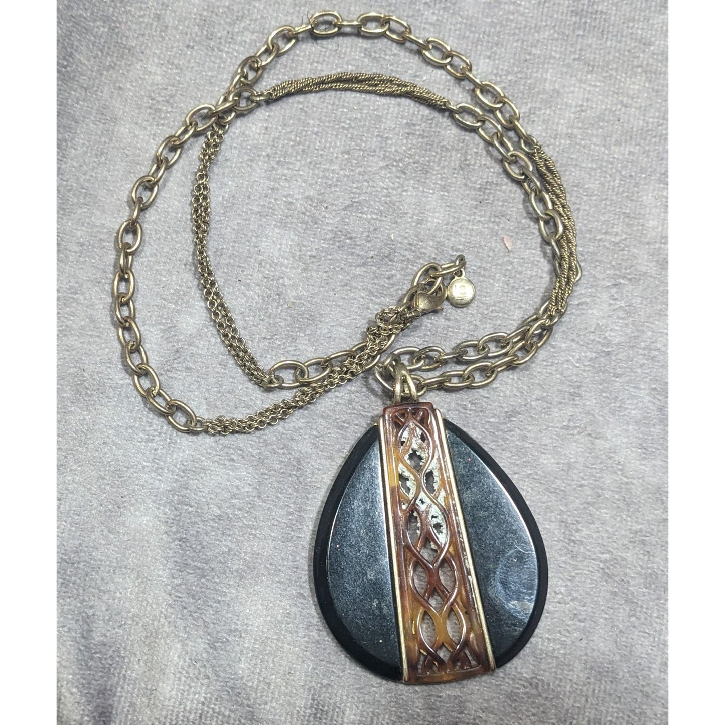 Vintage Liz Claiborne Tortoise Lucite Filigree Teardrop Pendant Necklace