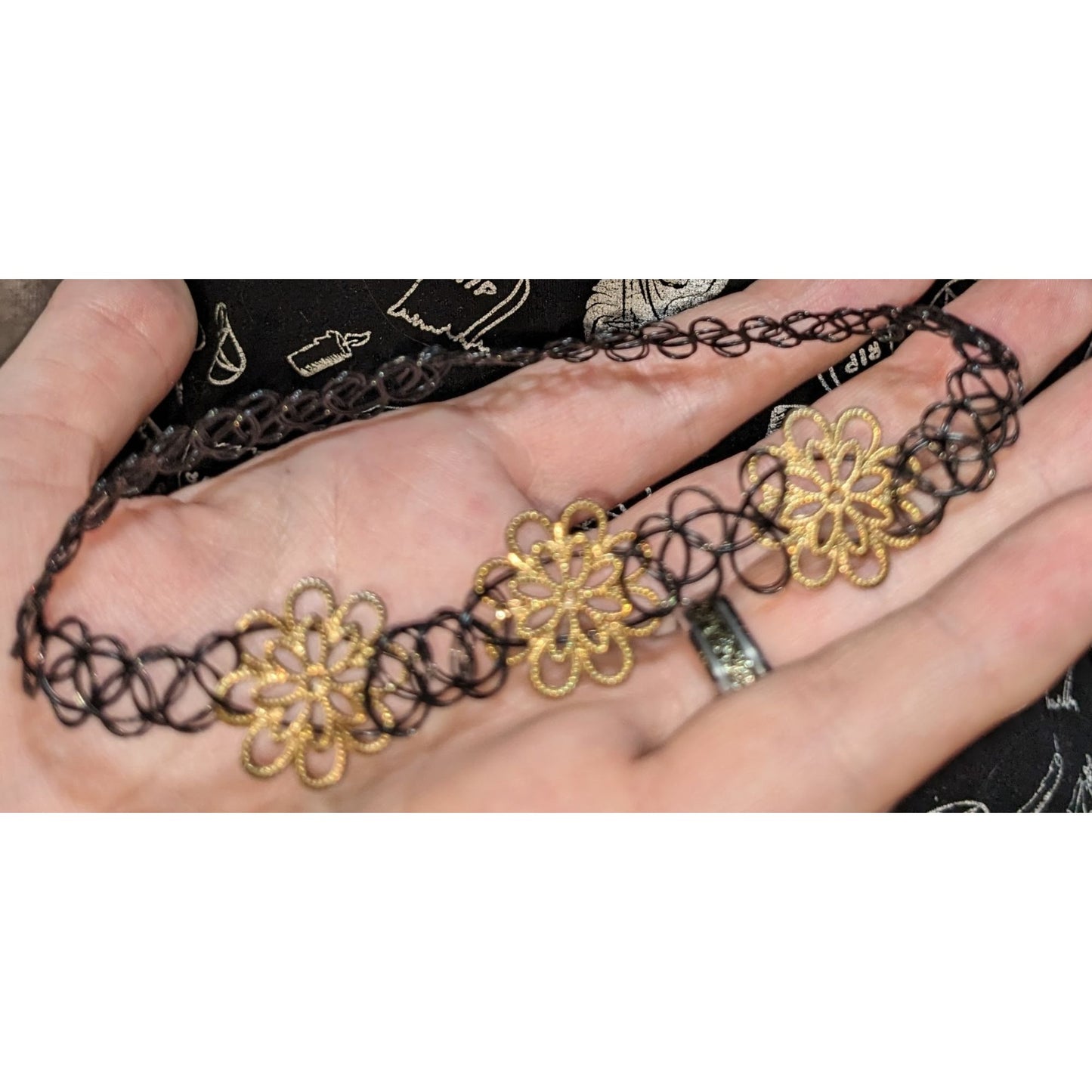 Black Gold Floral Choker Stretch Tattoo Lace Necklace Goth Y2K Boho Vintage Style