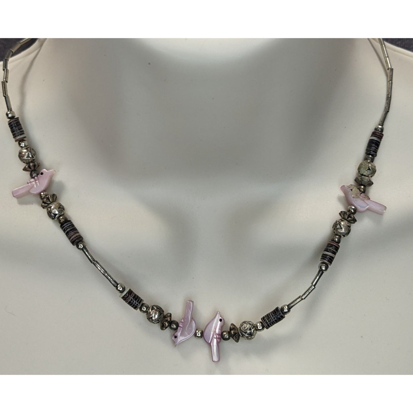 Vintage Native Pink Bird Liquid Silver And Mother Of Pearl Beaded Necklace