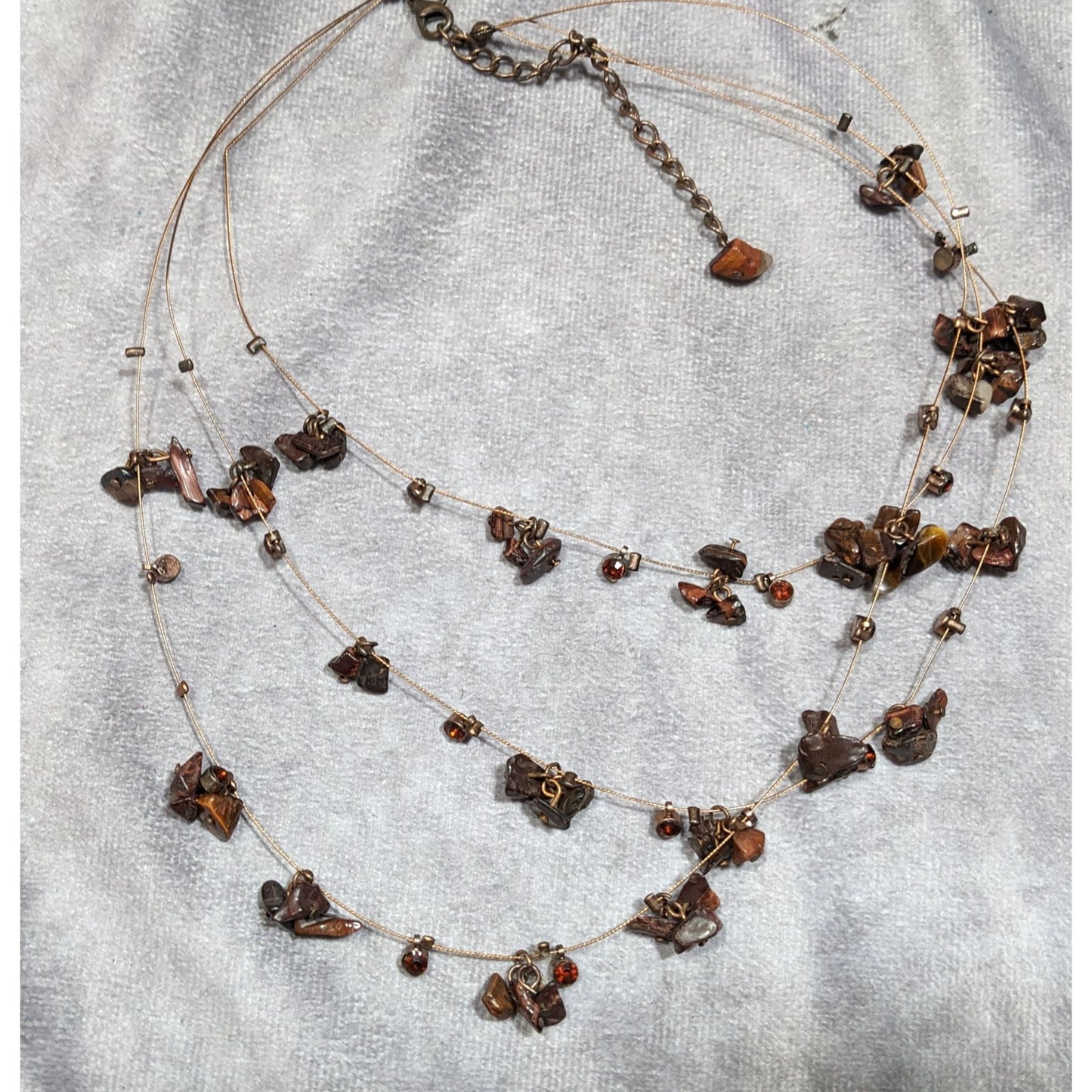 Layered Stone Chip And Rhinestone Necklace On Copper Tone Beading Wire