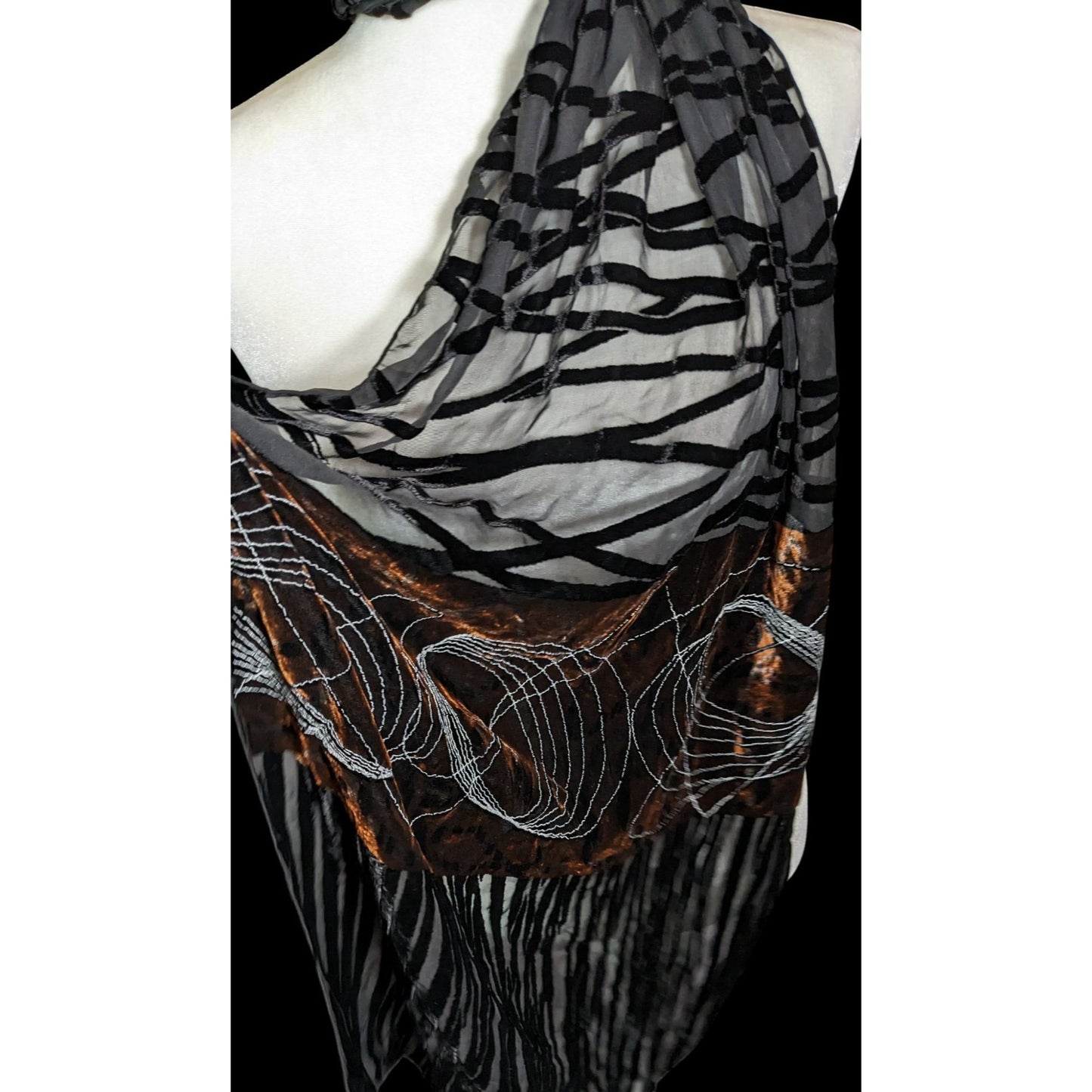 Vintage Abstract Velvet Burnout Scarf Black And Brown With Embroidered Details