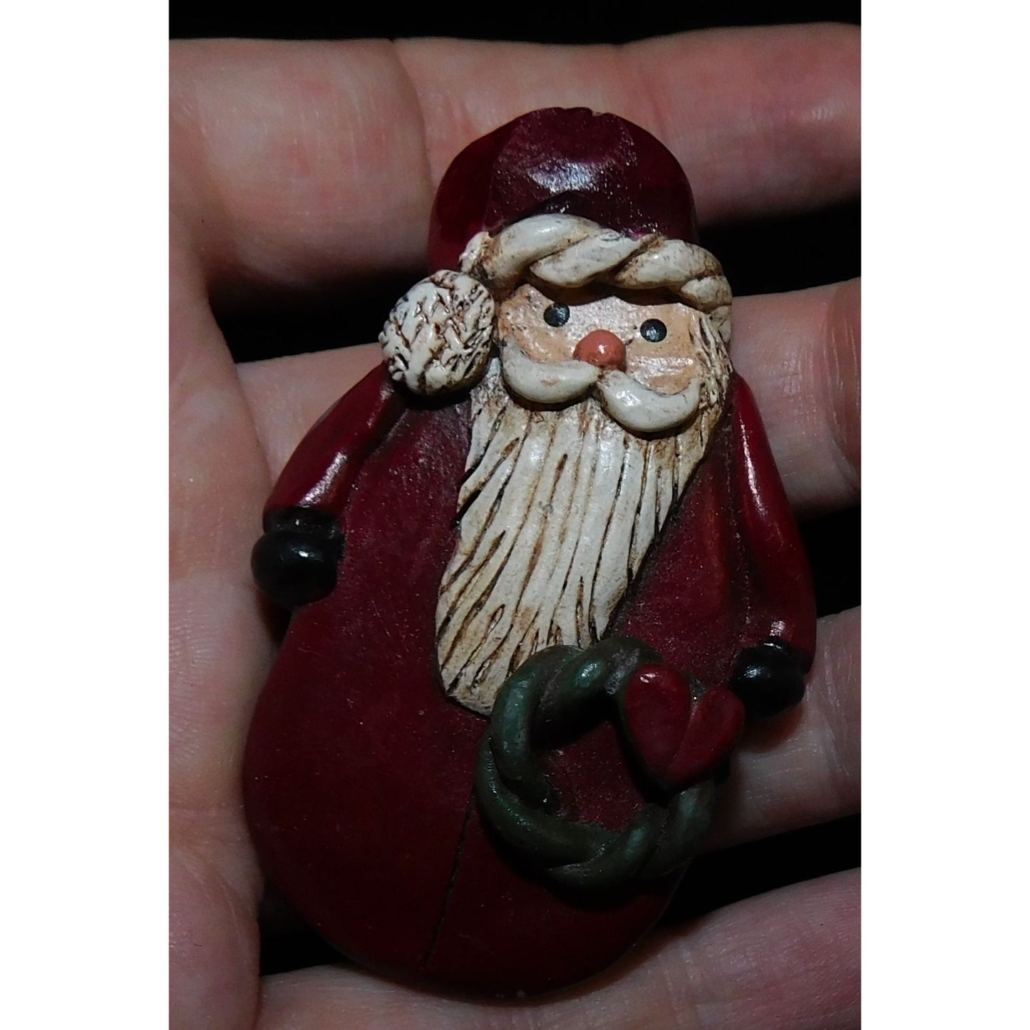 Vintage Rustic Santa Brooch Painted Wood-Look