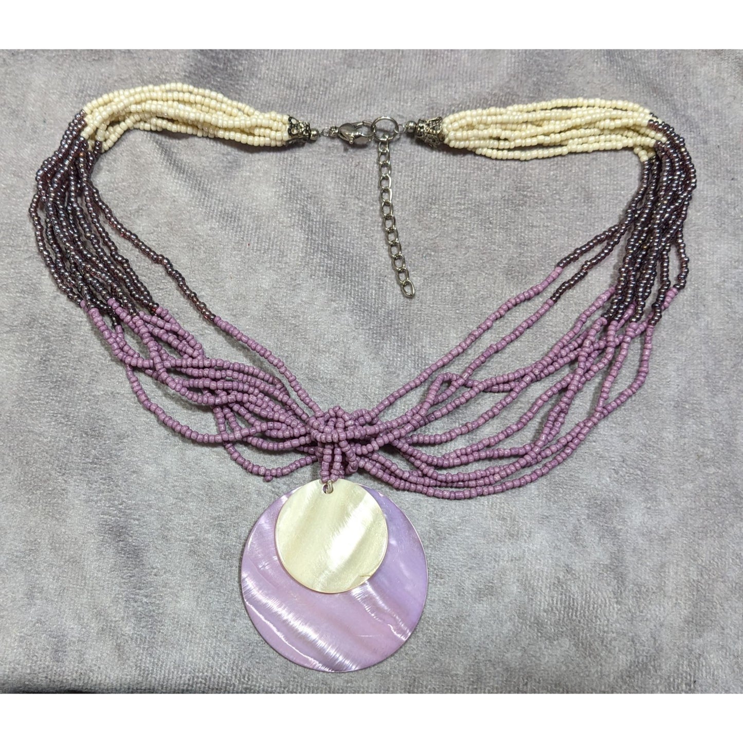 Neutral Mermaidcore Purple And White Glass Beaded Shell Pendant Necklace