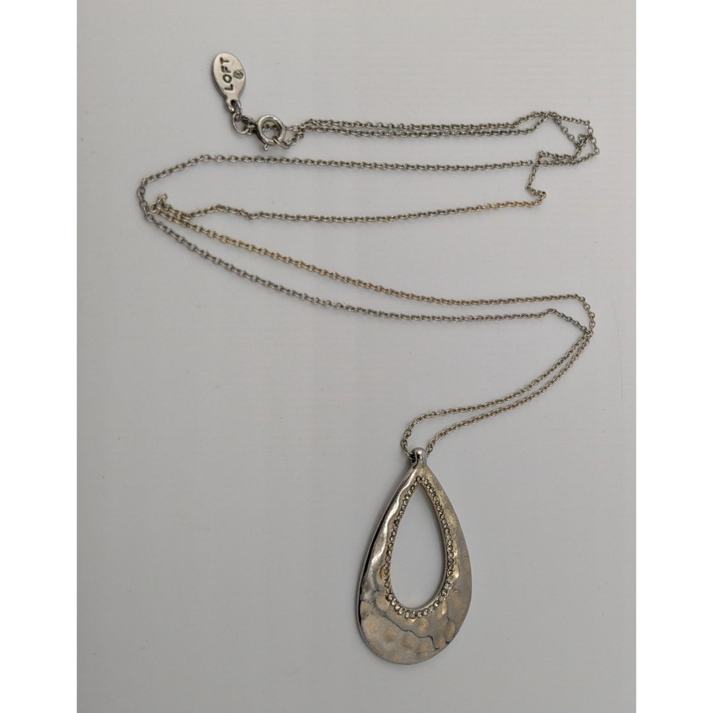 Loft Silver-Tone Hammered Teardrop Pendant Necklace With Rhinestone Accents