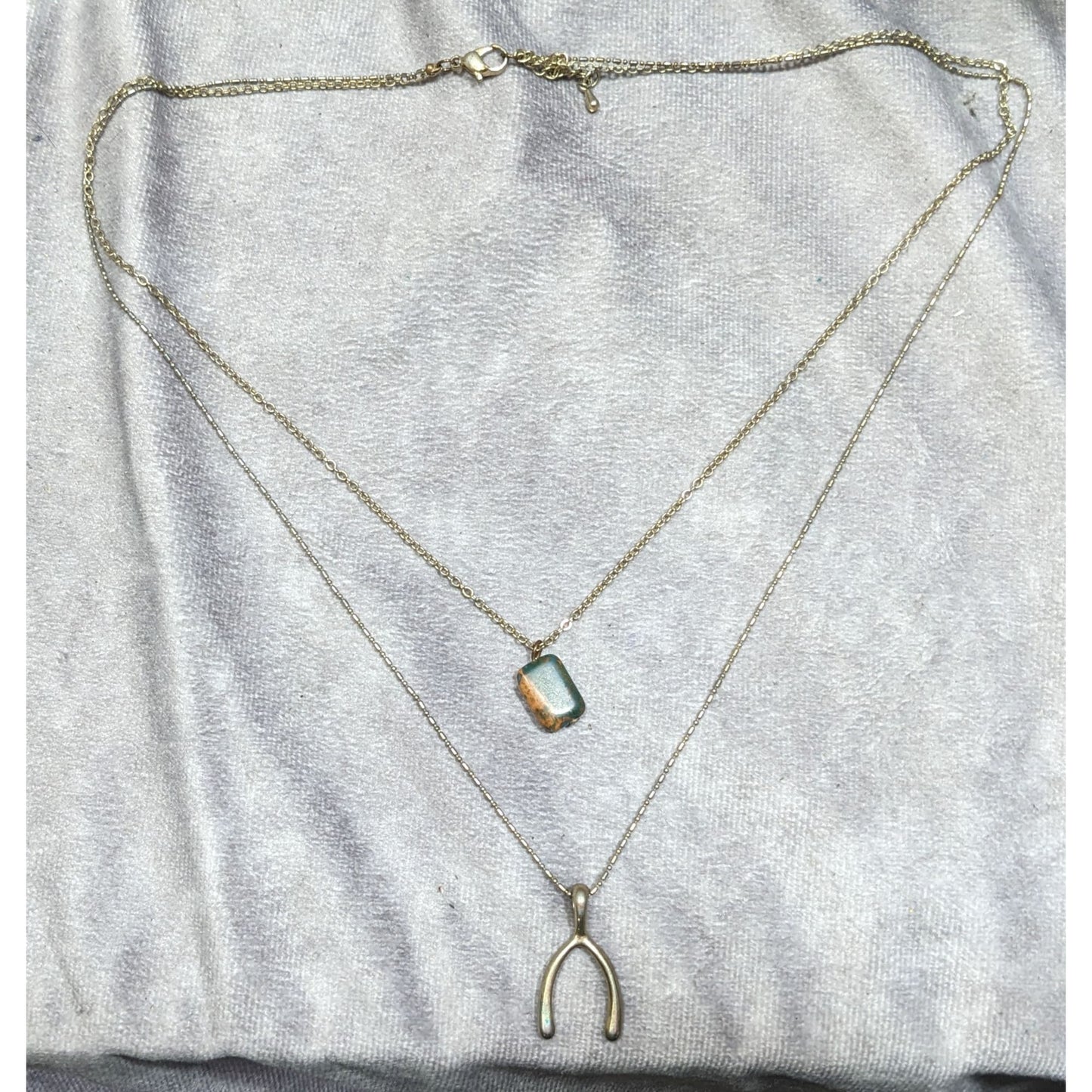 Layered Lucky Wishbone And Picture Jasper Dual Pendant Necklace