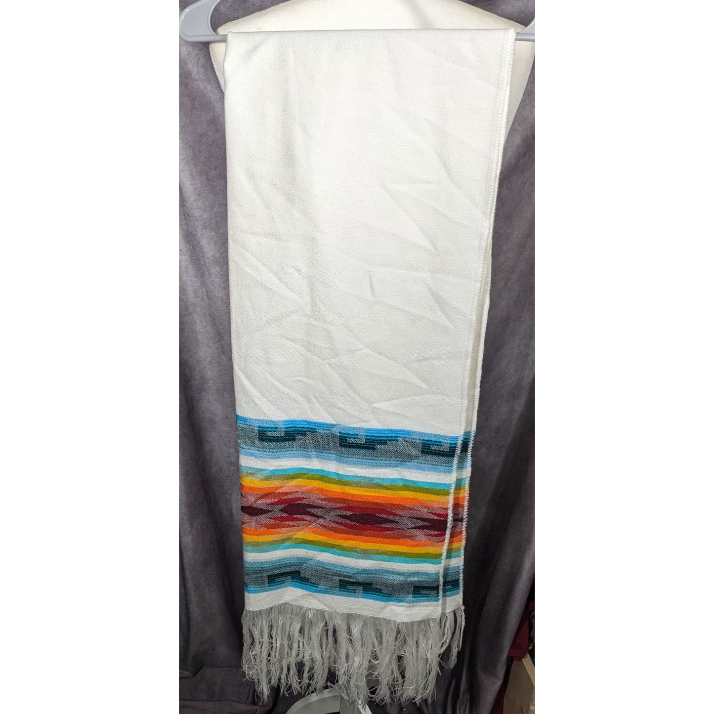 Handwoven Southwestern White And Rainbow Scarf With Fringe
