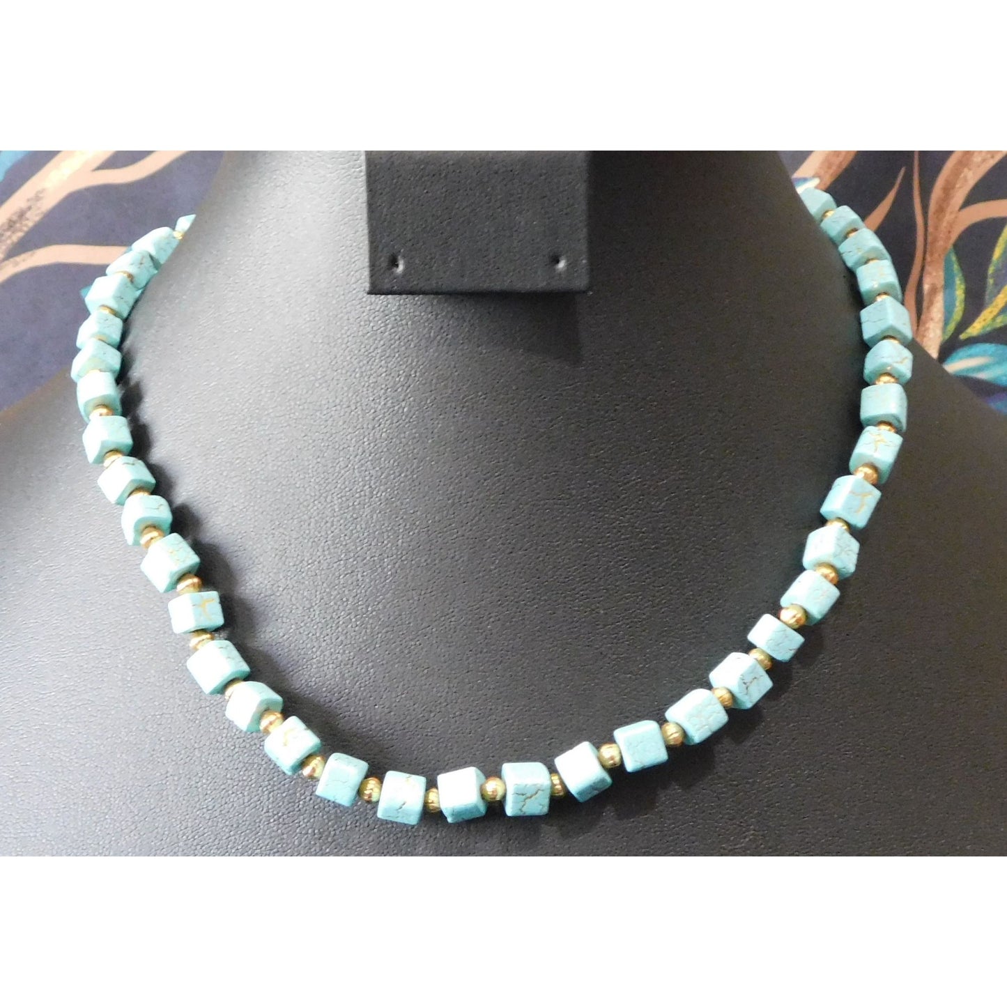 Elegant Faux Turquoise Cube And Gold Tone Beaded Necklace