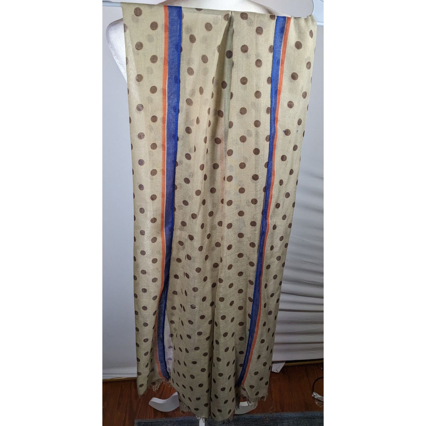 Vintage 70s Taupe Scarf With Brown Polka Dots And Rainbow Stripes